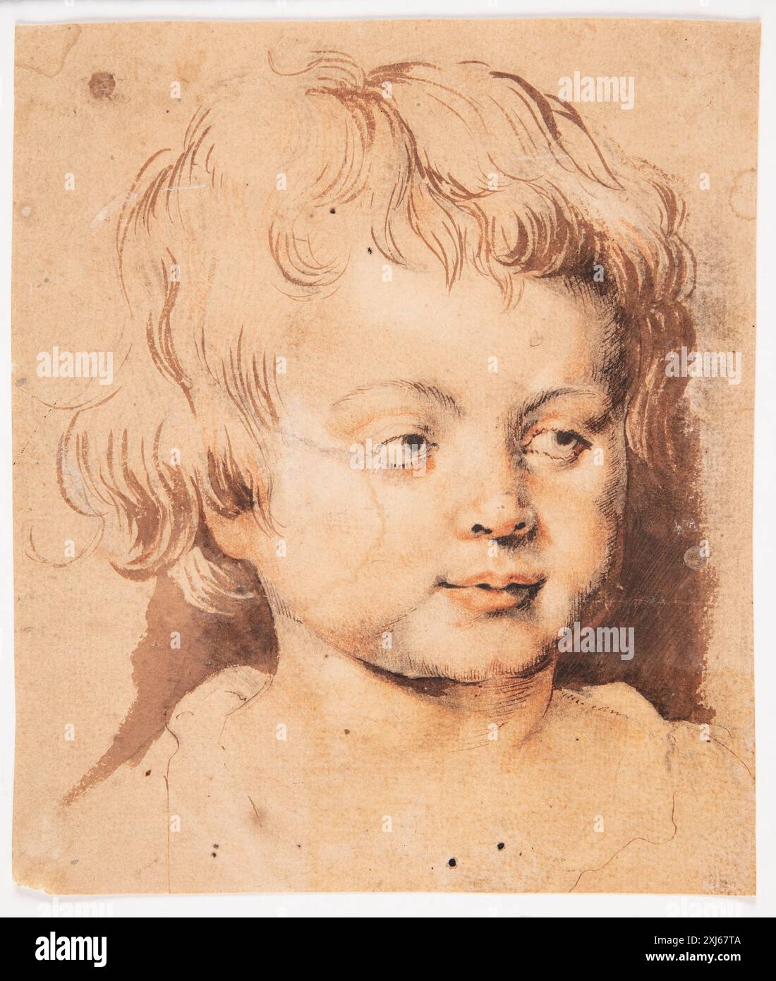 Zeichnung von Peter Paul Rubens (1577–1640), die den Kopf eines Kindes darstellt, Gesichtszüge, Ausdruck und Proportionen im flämischen Zeichenstil des frühen 17. Jahrhunderts zeigt. Stockfoto