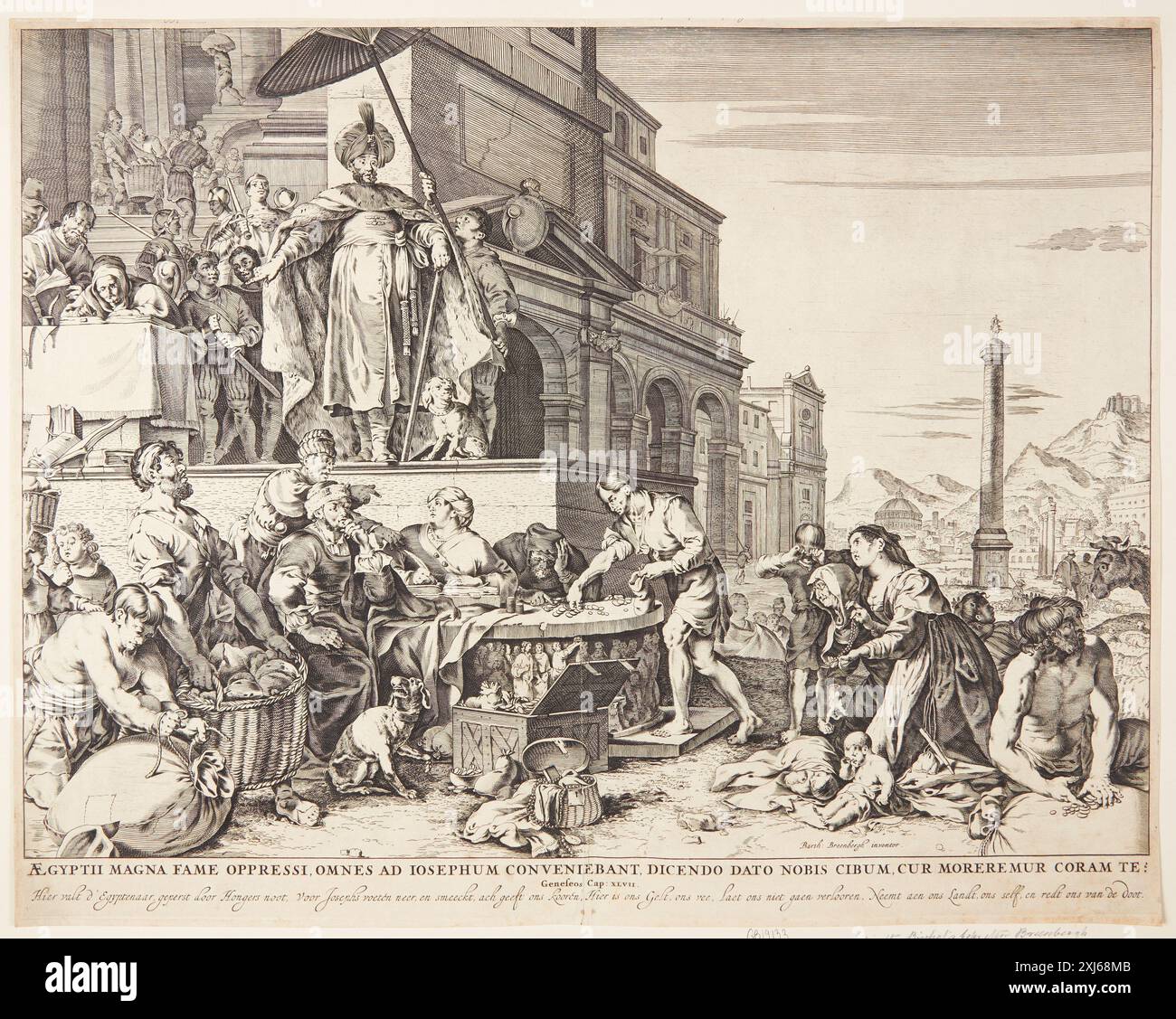 Ätzung von Bartholomeus Breenbergh (1598–1559) und Jan de Bisschop (1628–1671), in der Joseph in Ägypten Getreide verteilte, wobei biblische Erzählungen und Alltagsszenen in niederländischen und flämischen Drucken von 1450–1700 illustriert werden. Stockfoto
