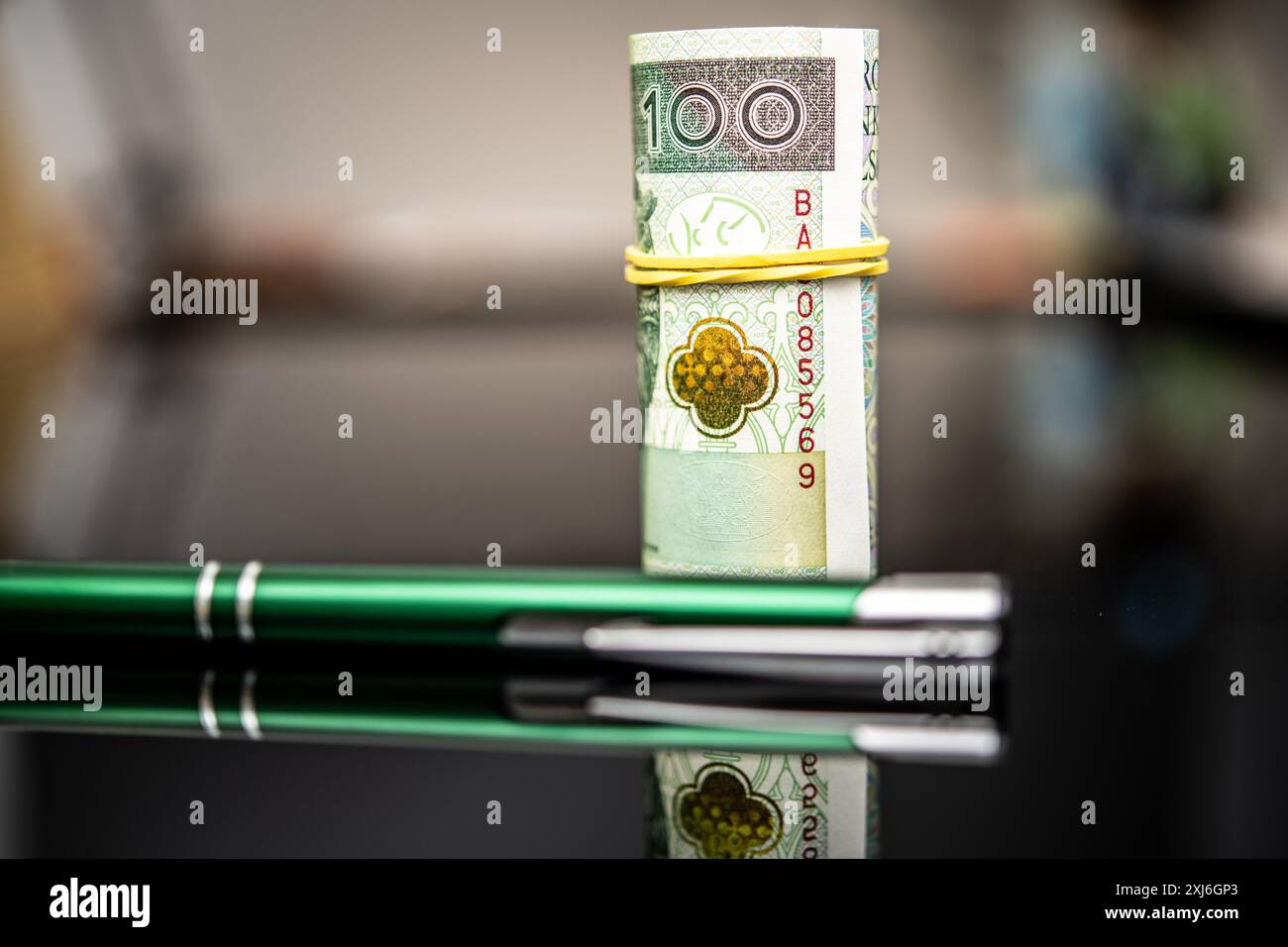 100 polnische Zloty gerollt, gesichert mit einem gelben Gummiband, auf einem Satz schlanker grüner Stifte, die Finanztransaktionen oder Vertragsunterzeichnungen darstellen Stockfoto
