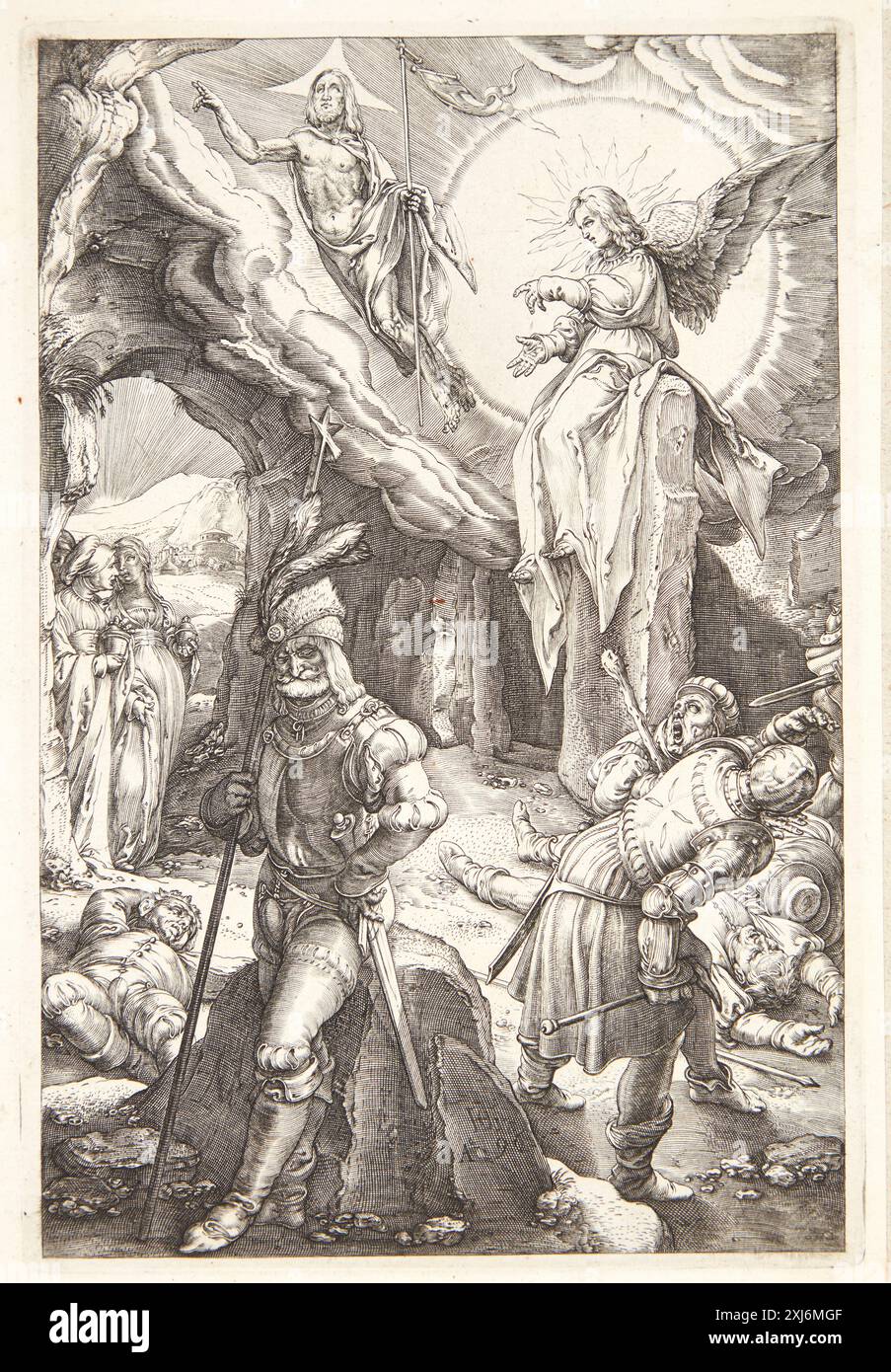 Kupferstich von Hendrick Goltzius, Jesus am Kreuz mit naturalistischen Details, 1558-1617. Stockfoto