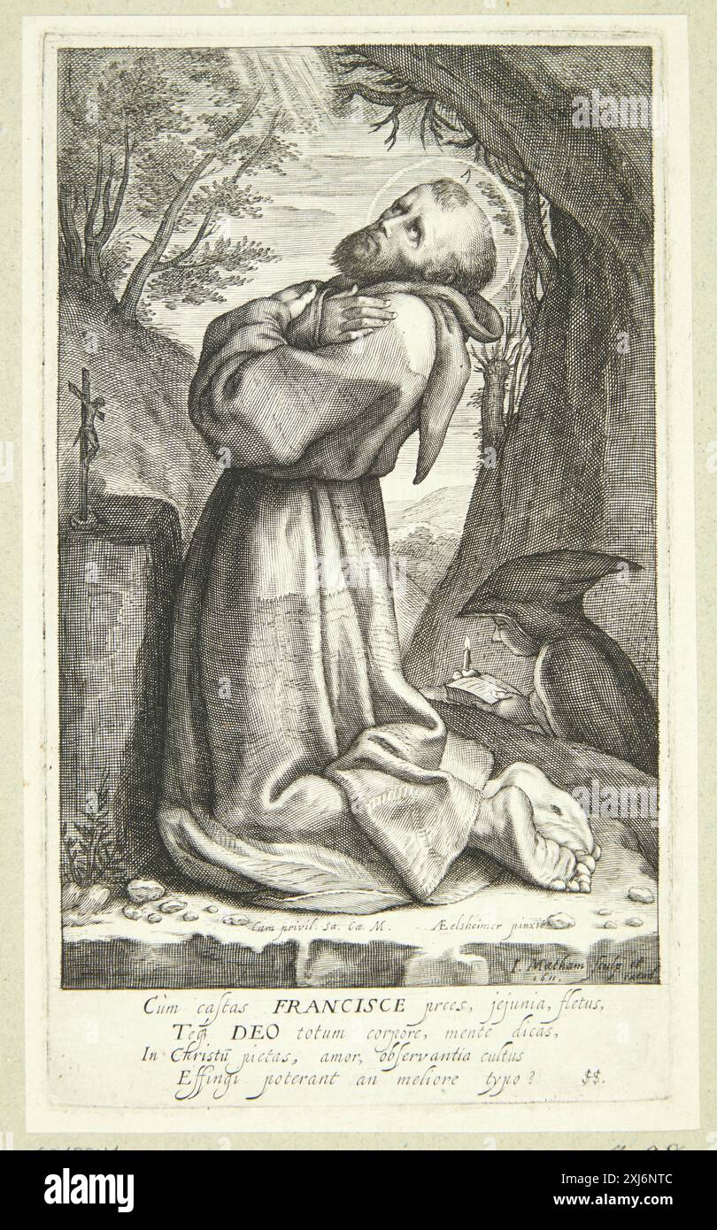 Frans of Assisi Matham, Jacob 1571 - 1631, Elsheimer, Adam 1578 - 1610, Matham, Jacob 1571 - 1631 Kupferstich, Print the Illustrated Bartsch 4, niederländische Künstler, Matham, Saenredam, Müller, Walter L. Strauss, 98, C 36168, 1980. The New Hollstein Dutch and Flämische Radierungen, Stiche und Holzschnitte 1450-1700, Jacob Matham, Part I-III, Léna Widerkehr, 106, C 38244, 2007-2008 Frans af Assisi Stockfoto