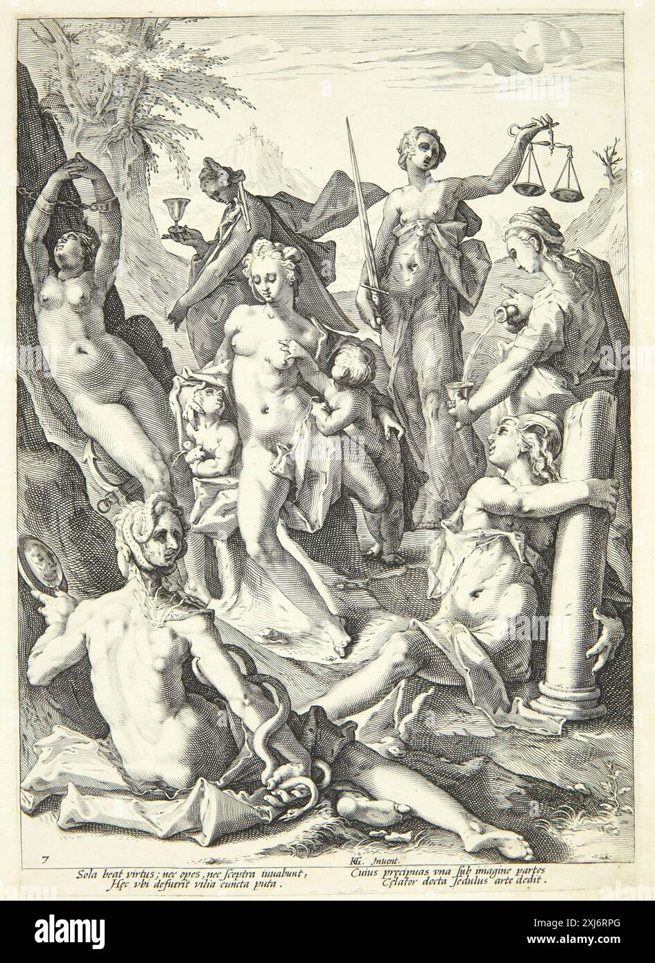 Kupferstich von Jacob Matham und Hendrick Goltzius zeigt die sieben Tugenden und zeigt sieben allegorische weibliche Figuren mit symbolischen Attributen in der niederländischen Druckerei des frühen 17. Jahrhunderts. Stockfoto