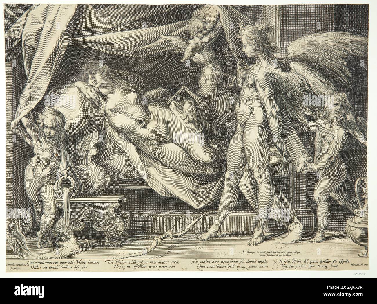 Kupferstich mit den mythologischen Figuren Amor und Psyche von Jan Harmensz. Muller, Bartholomeus Spranger und Cornelis Danckerts, gegründet 1546–1656. Stockfoto
