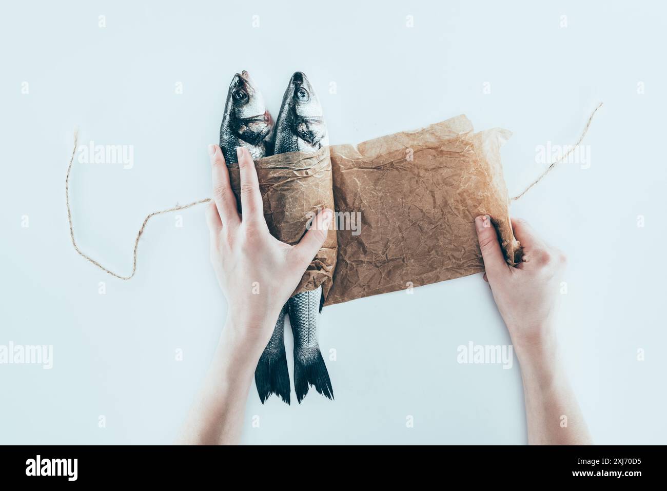 7/8 shot der Hände wickeln Meer Fisch in Papier und Binden mit Seil auf Grau Stockfoto