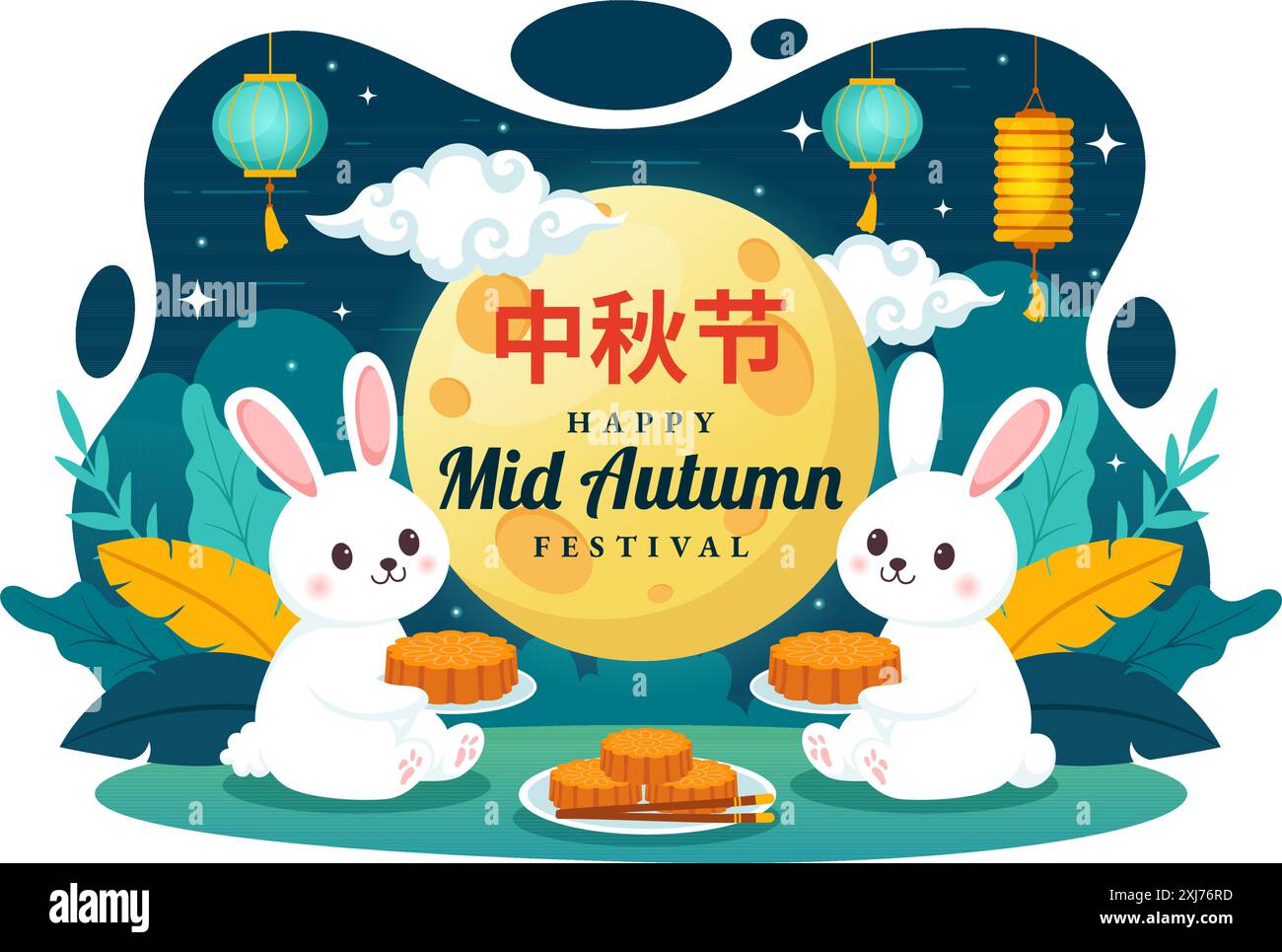 Happy Mid Herbstfest Vektor-Illustration mit Kaninchen, die Laternen und Mondkuchen tragen und in der Nacht des Vollmondes im Hintergrund feiern Stock Vektor