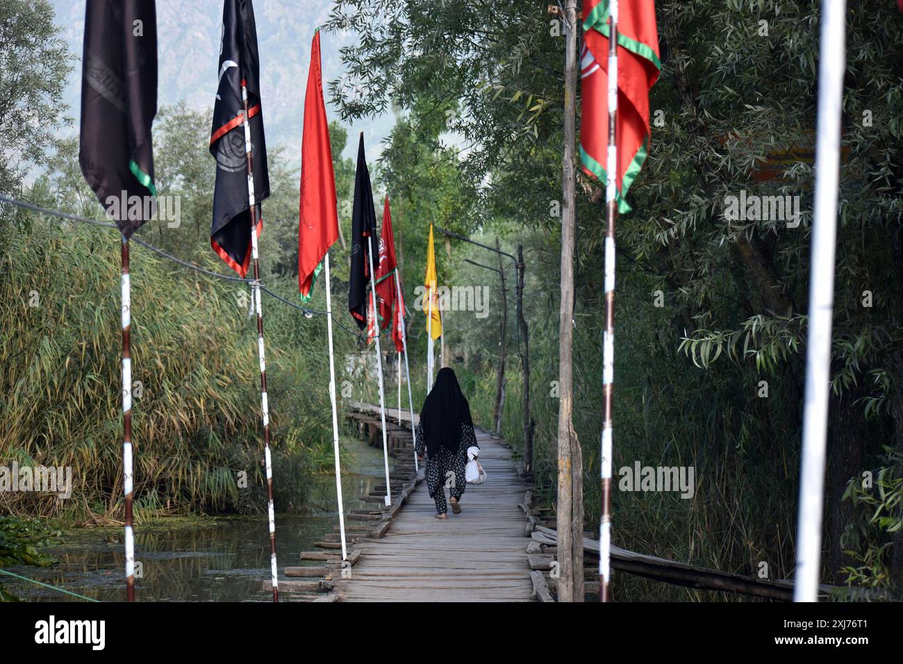 Srinagar, Indien. Juli 2024. Srinagar, Kaschmir, Indien, am 16. Juli 2024: Auf dem 9. Muharram laufen schiitische muslimische Frauen über eine mit Fahnen geschmückte hölzerne Fußgängerbrücke im malerischen Innern des Dal Lake, Srinagar. Die Praxis der 9. Muharram-Prozession auf Shikaras im Dal-See, Srinagar, geht auf die Dogra-Ära zurück. Diese verehrte Tradition ist ein integraler Bestandteil der kaschmirischen Kultur, die Muharram feiert und dem Martyrium von Imam Hussain Tribut zollt. Foto: Danish Showkat/SIPA USA. Quelle: SIPA USA/Alamy Live News Stockfoto