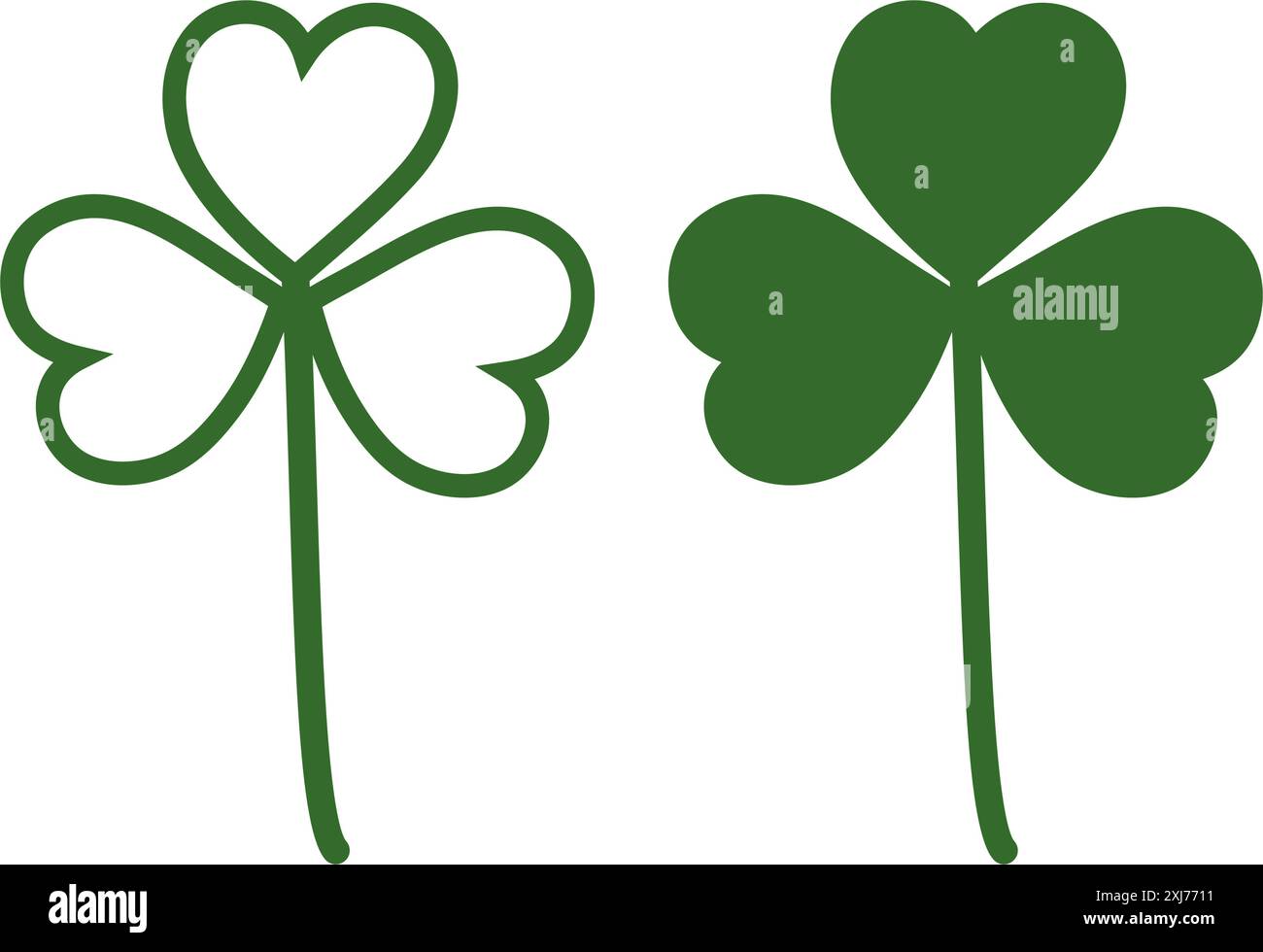 Silhouette und Umriss Shamrock in trendigem Grün isoliert auf weißem Irish Independence Symbol 2er Set. Vektor-Grußkarten, Poster, Banner, Broschüren, Preisschild, Label oder Web, Design-Konzept für Werbeaktionen Stock Vektor