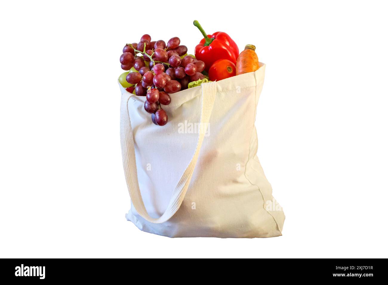 Lebensmittelprodukt für frisches Obst und Gemüse in wiederverwendbarer Einkaufstasche isoliert auf weißem Hintergrund mit Schneidepfad Stockfoto