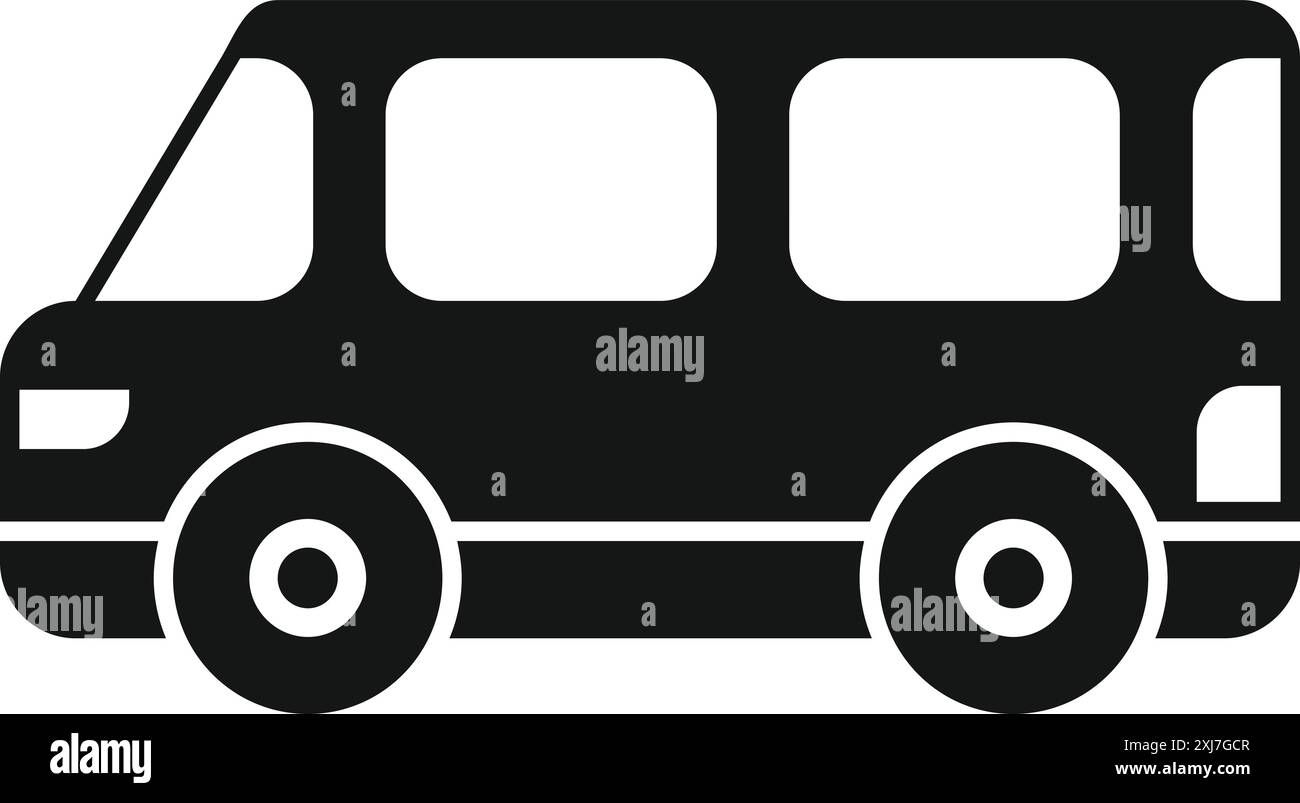 Schwarze Silhouette eines Minibusses, der Passagiere befördert, Seitenansicht des Symbols auf weißem Hintergrund Stock Vektor