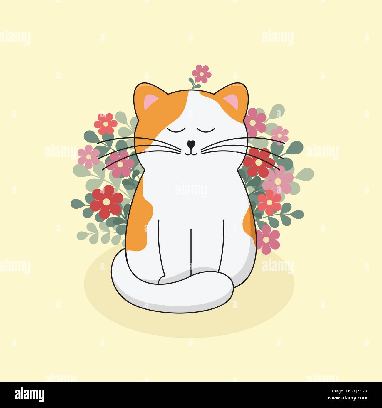 Niedliche Karikatur weiß und Ingwerkatze, die die Frühlingssaison im April mit vielen schönen Blumen auf gelbem Hintergrund genießt. Vektorabbildung. Stock Vektor