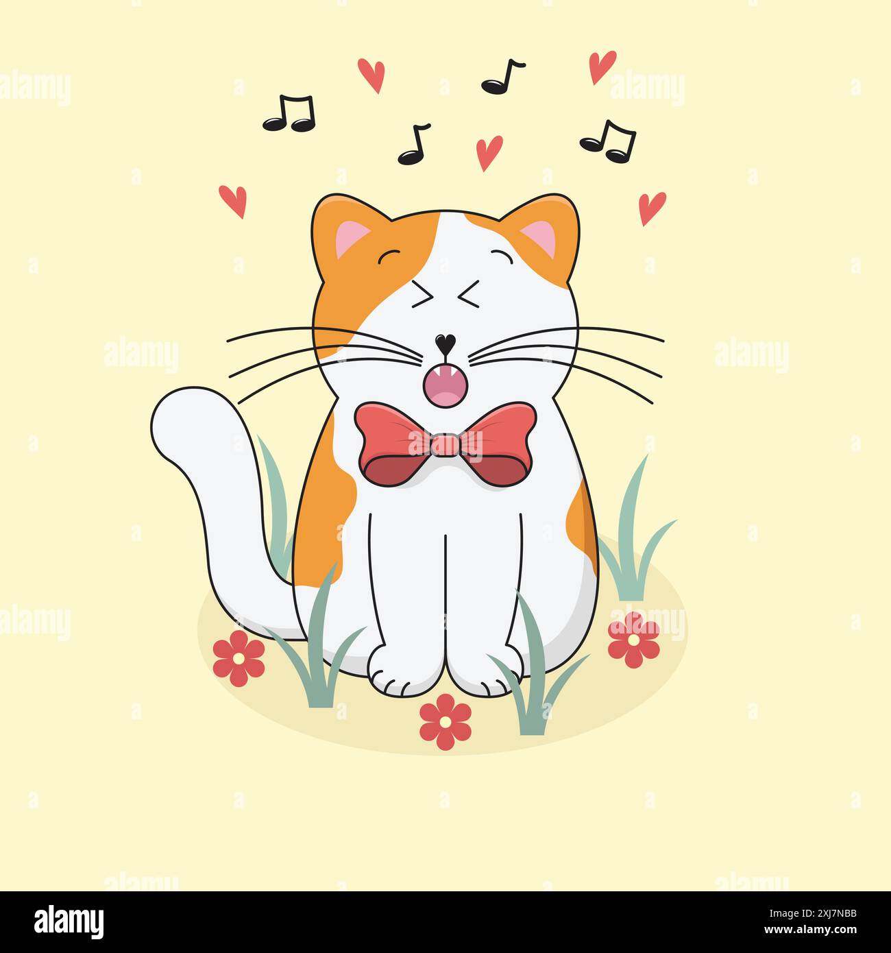 Die süße weiße und Ingwerkatze singt im März Liebeslied. Lustiger Cartoon-Kätzchen mit roter Schleife, der im Gras sitzt. Frühlingssaison Vektor-Illustration. Stock Vektor