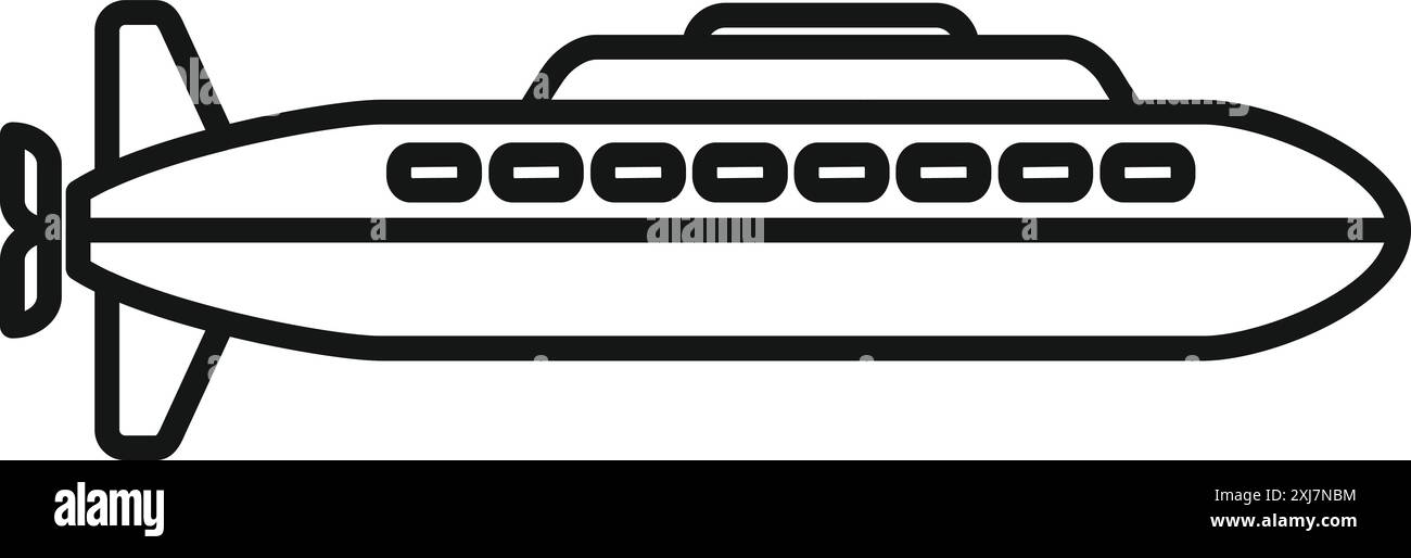 Schwarz-weiße Linienzeichnung eines militärischen U-Bootes, das auf der Wasseroberfläche unterwegs ist Stock Vektor