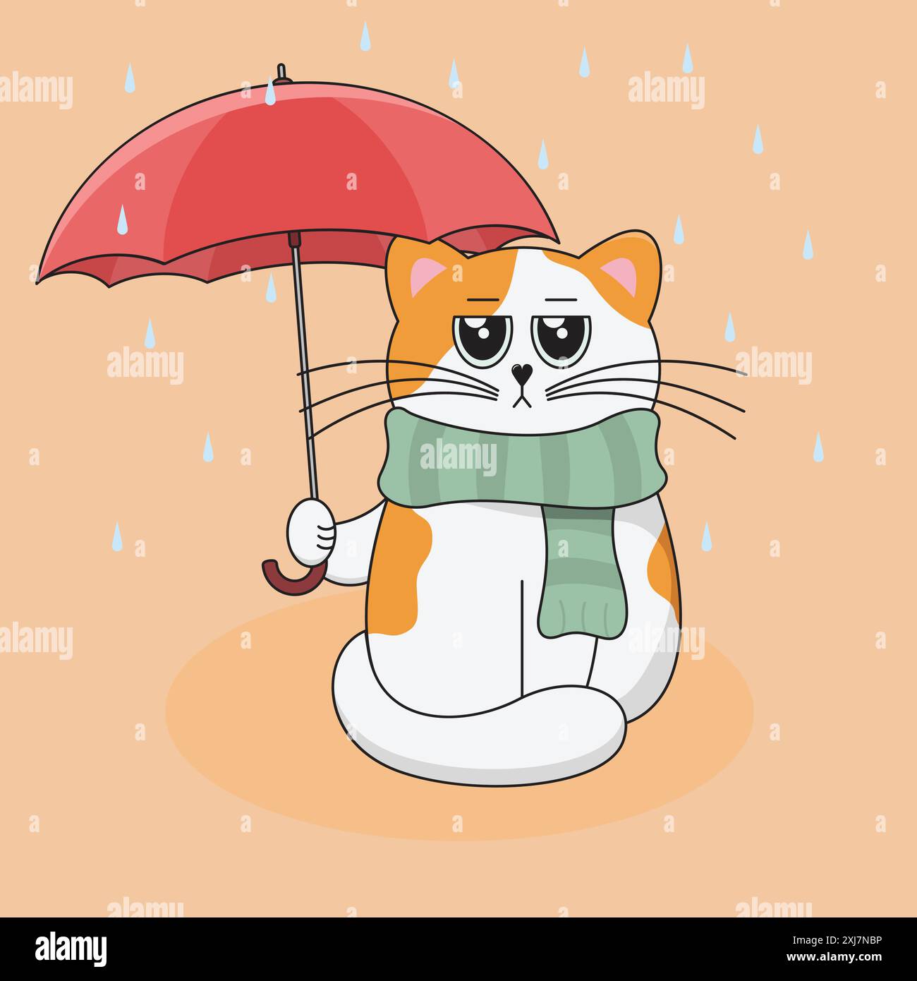 Niedliche weiße und Ingwerkatze, die im November mit rotem Regenschirm im Regen sitzt. Lustiger Cartoon-Kätzchen mit grünem Schal. Herbstsaison Vektor-Illustration. Stock Vektor