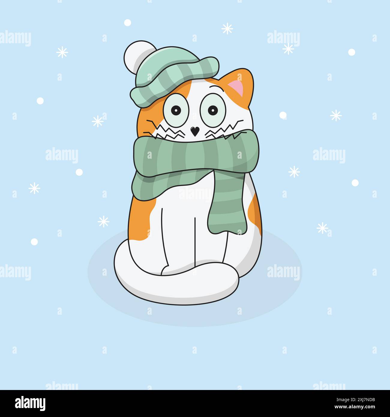 Niedliche weiße und Ingwerkatze mit grünem Schal und Hut friert im Januar ein. Lustiger Cartoon Kitten mit großen Augen. Wintersaison Vektor-Illustration. Stock Vektor