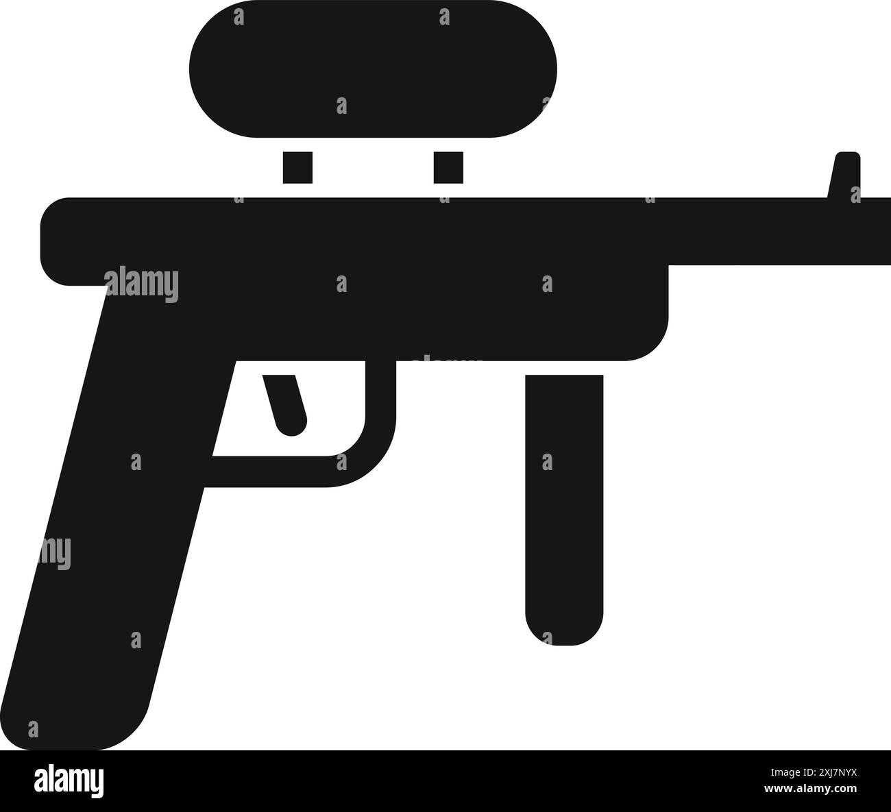 Schwarzes einfaches Symbol einer Paintball-Markierungspistole, die von jemandem gehalten wird, der einen taktischen Sport spielt Stock Vektor
