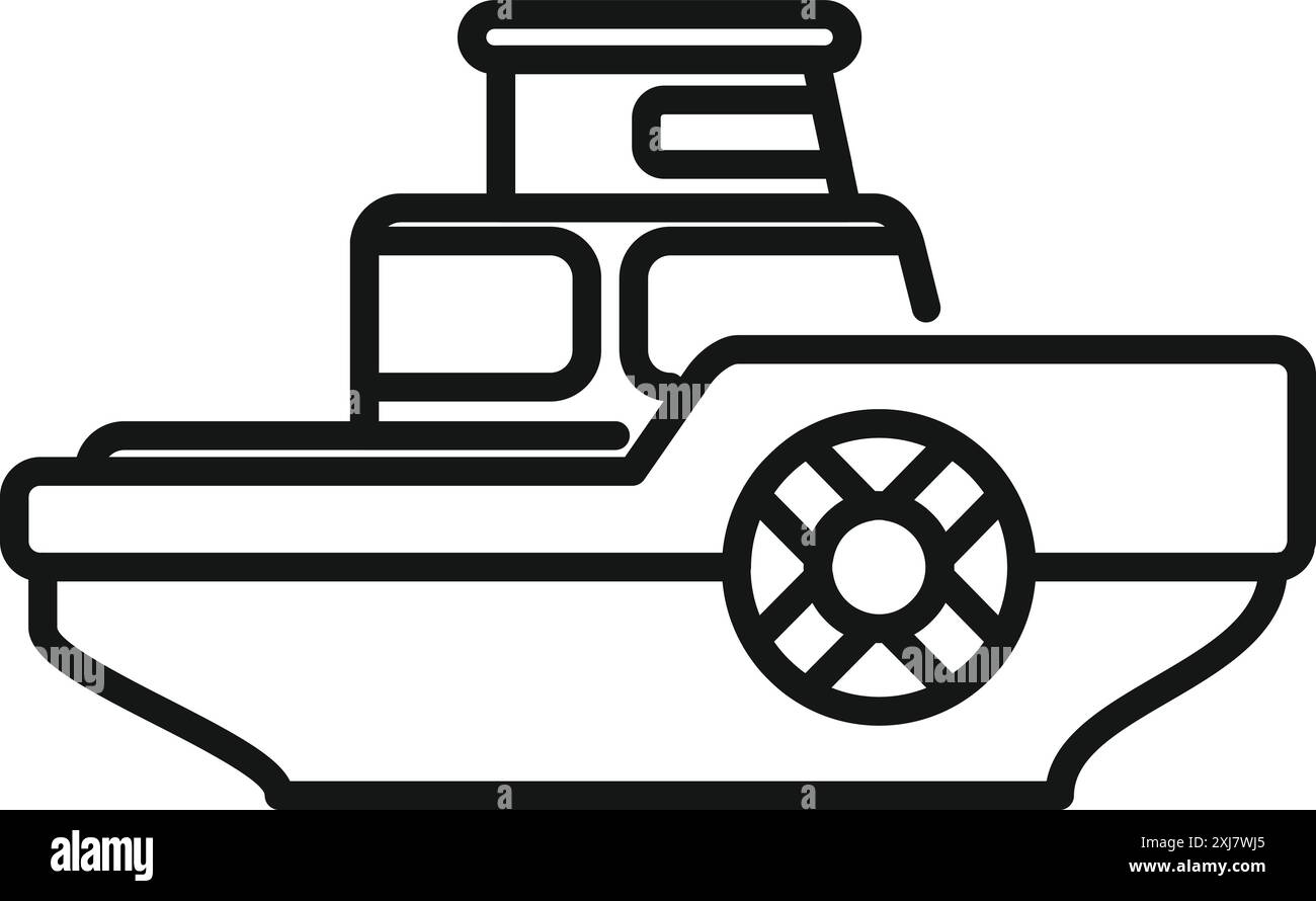 Einfaches Schwarz-weiß-Symbol eines Flussbootes, das auf dem Wasser schwimmt Stock Vektor