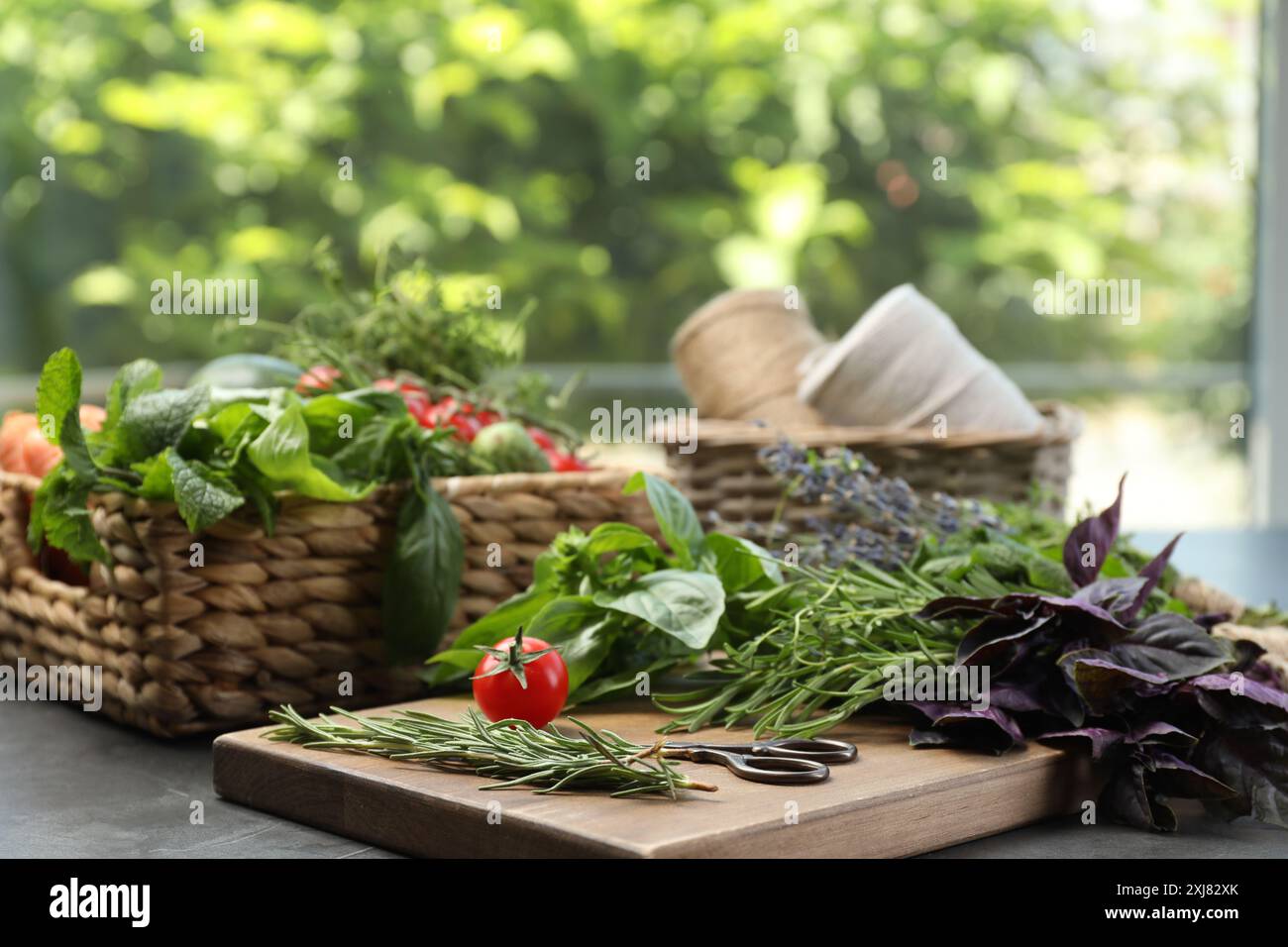 Verschiedene aromatische Kräuter, Gemüse und Scheren auf grauem Tisch, Nahaufnahme Stockfoto