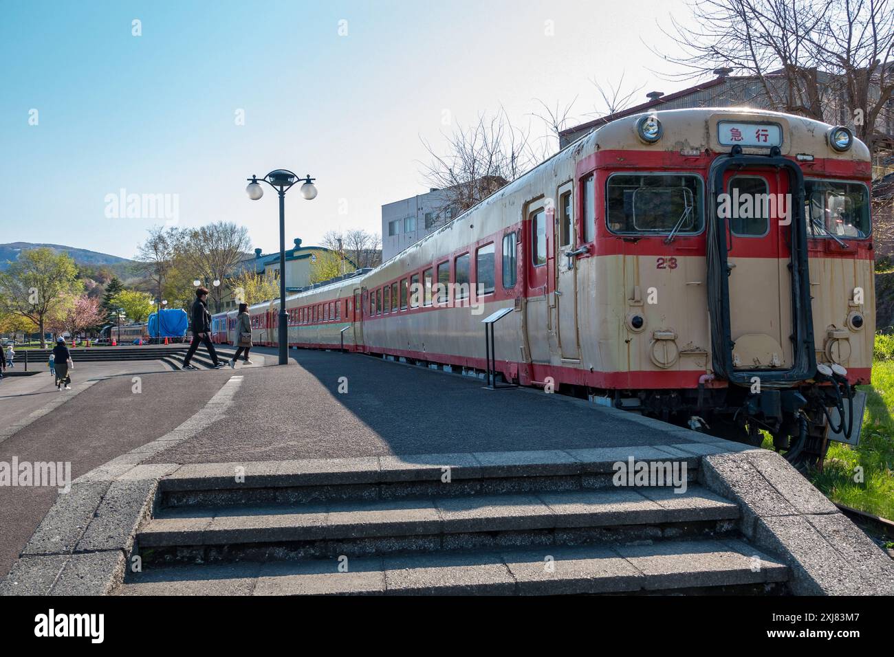 KiHa56 23 im Otaru Museum, ehemaliger Bahnhof Temiya, Otaru, Hokkaido. Die KiHa 56-Serie wurde für den Einsatz in Hokkaido entwickelt Stockfoto