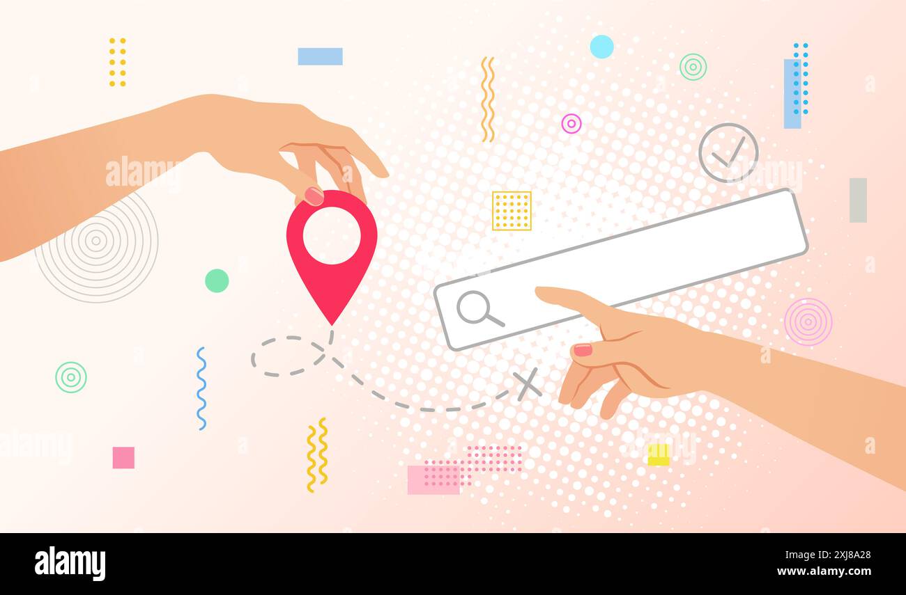 Hände halten die Position der Pins und die Suchleiste fest. Pop-Art mit Positionselement. Reisen Sie und suchen Sie nach Reisen oder Paketverfolgung. Transportlogistik-Vektor Stock Vektor