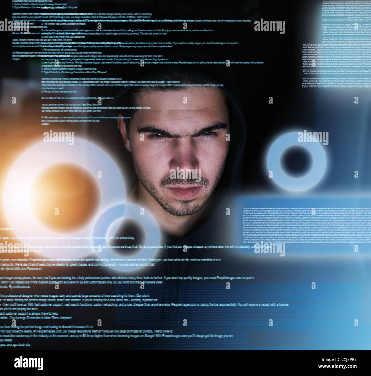 Man, Dark und Data Overlay für Hacking, kriminelle Programmierer und Informationen oder Code für Sicherheitsbedrohungen. Verschlüsselung, Cyberangriffe und Analyse für Stockfoto