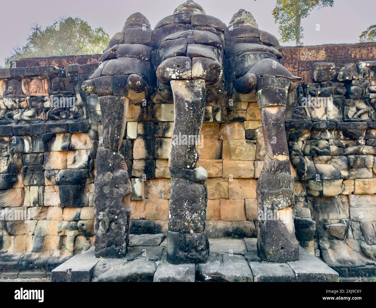 Die Terrasse der Elefanten, Teil der ummauerten Stadt Angkor Thom, eine Ruine Tempelanlage in Angkor, UNESCO-Weltkulturerbe, Kambodscha, Indochi Stockfoto