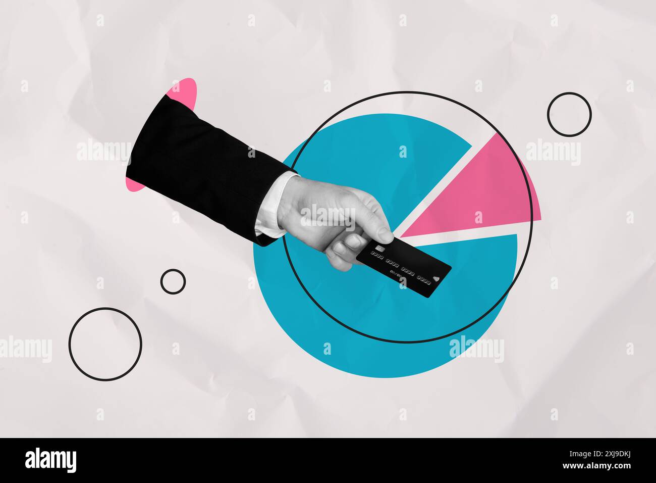 Kreative Collage Bild Geschäftsmann Handtasche Kreditkartenzahlung Bank Infografik Start-up Fortschrittsstatistik Zeichnung Hintergrund Stockfoto