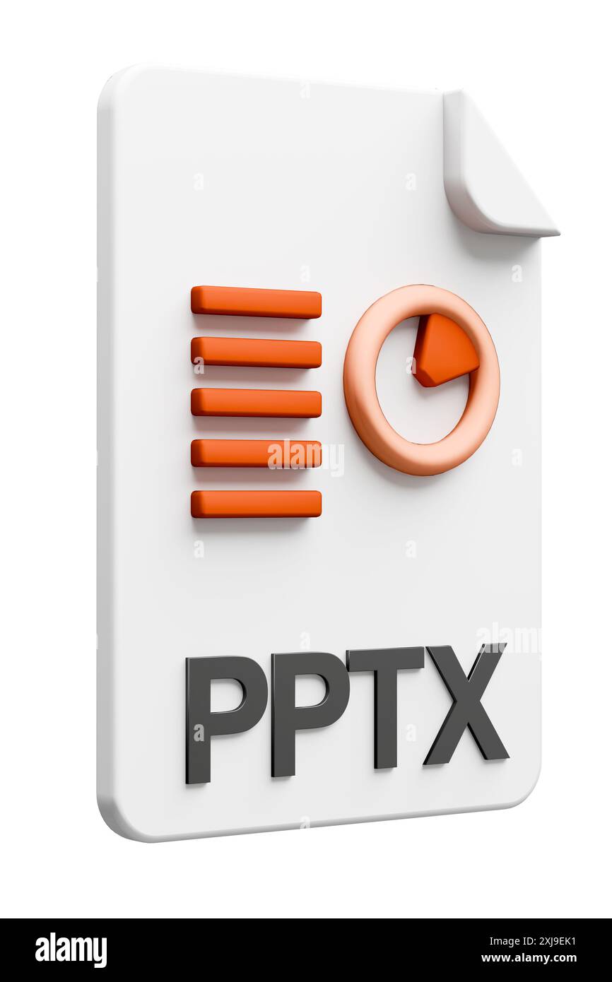 Dreidimensionales Dateityp-Symbol für das Dateiformat des Präsentationsdokuments PPTX, isoliert auf reinweißem Hintergrund für einfaches Maskieren Stockfoto