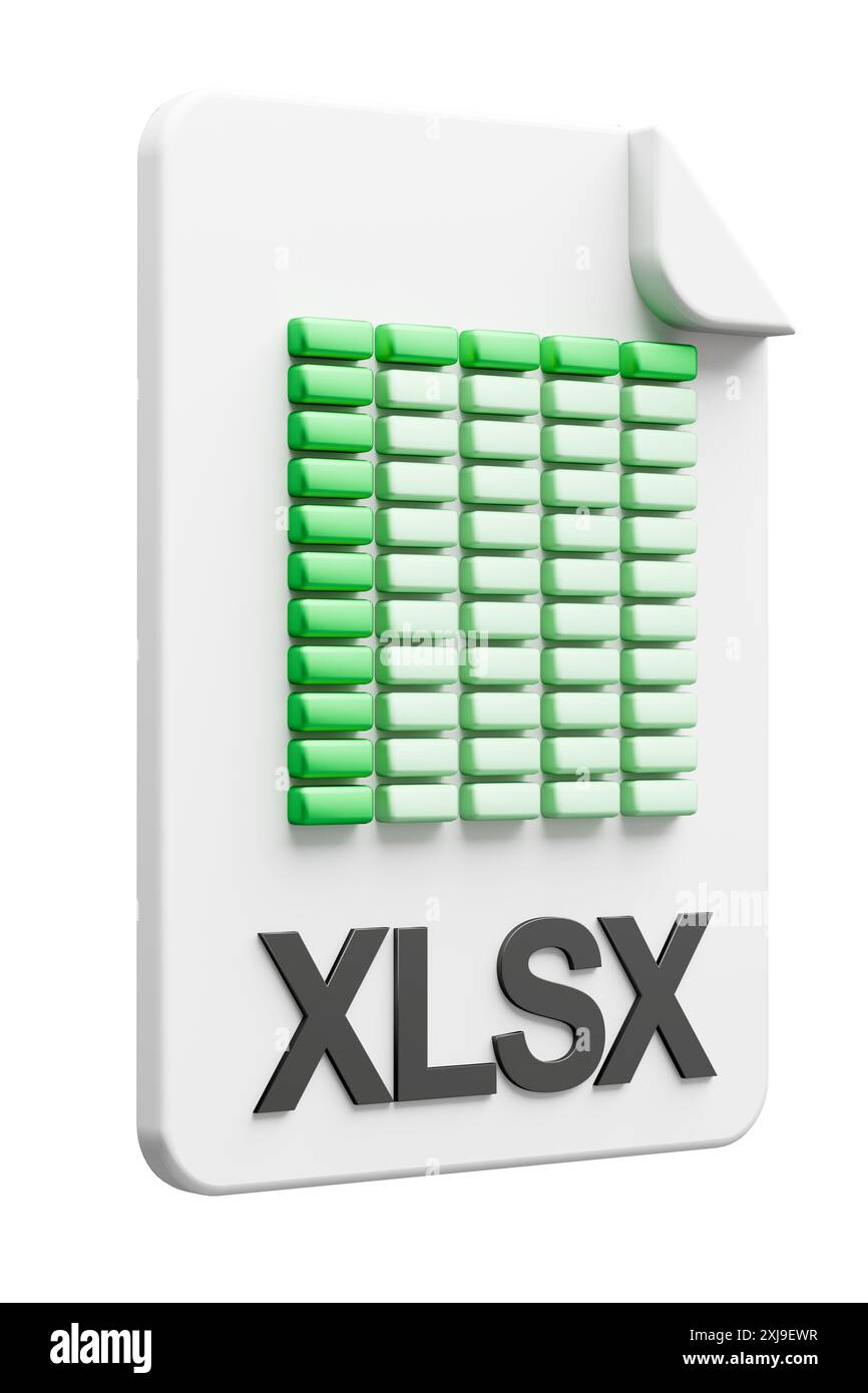Dreidimensionales Dateityp-Symbol für das Tabellenkalkulationsdokument XLSX, isoliert auf reinweißem Hintergrund zur einfachen Maskierung Stockfoto