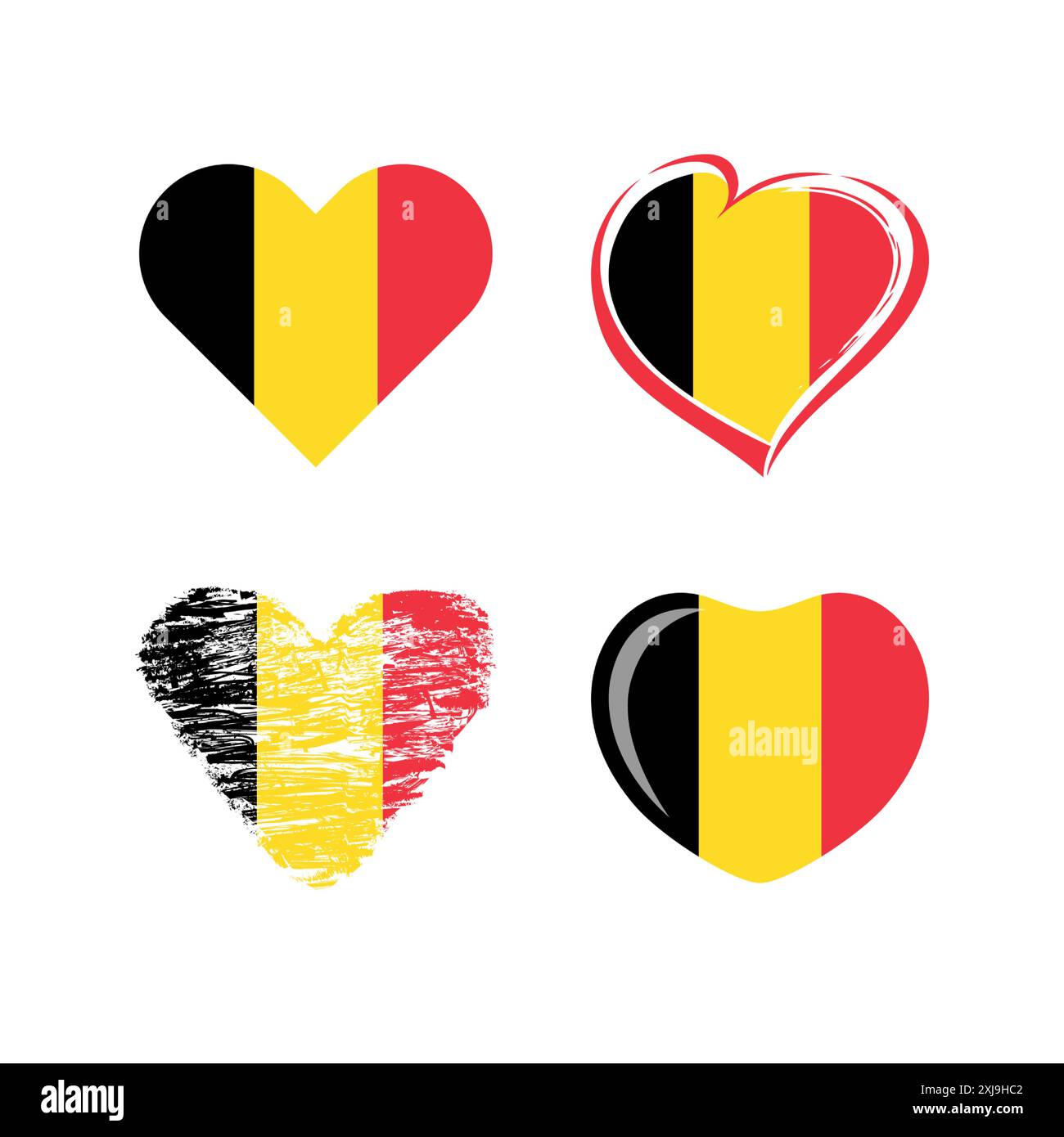 Set aus isolierten Herzen mit belgischen Fahnen. Formen mit Begrenzungsmaske und Flaggenhintergrund. Logo-Vorlage. Liebe Belgien kreatives Symbol. Sammlung Stock Vektor
