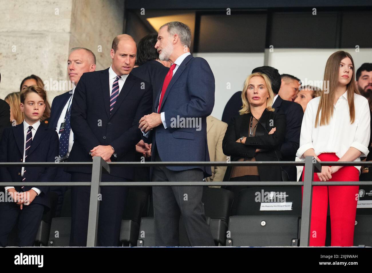 Spanien König Felipe VI. De Borbon und der englische Prinz Guiilermo während des Englands zur UEFA Euro 2024, Finale, spielten am 14. Juli 2024 im Olympiastadion in Berlin aus. (Foto: Bagu Blanco / PRESSINPHOTO) Stockfoto