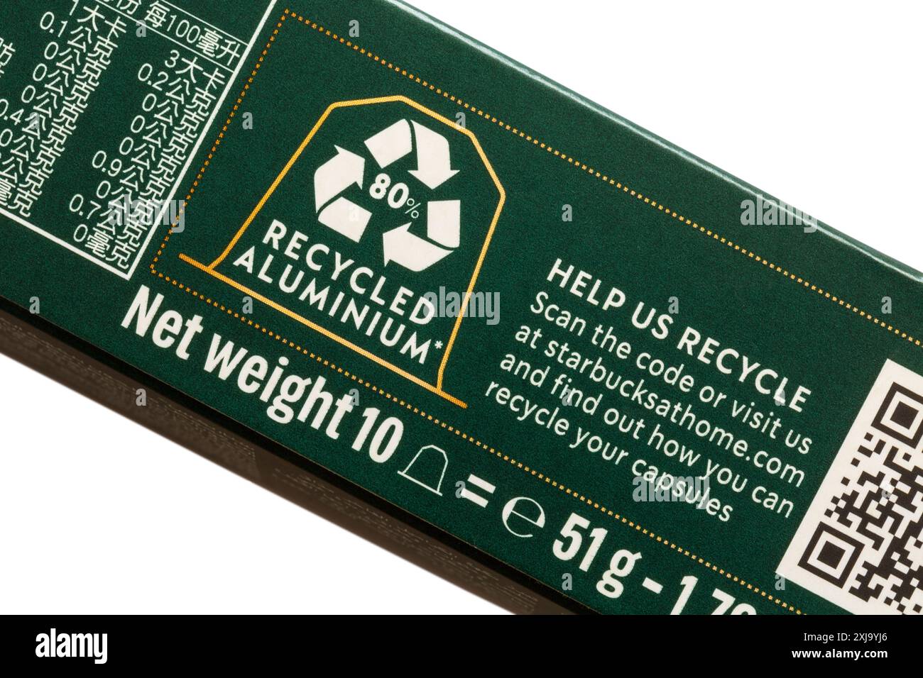 80 % recyceltes Aluminium, Details auf der Packung Starbucks Kaffeekapseln Stockfoto