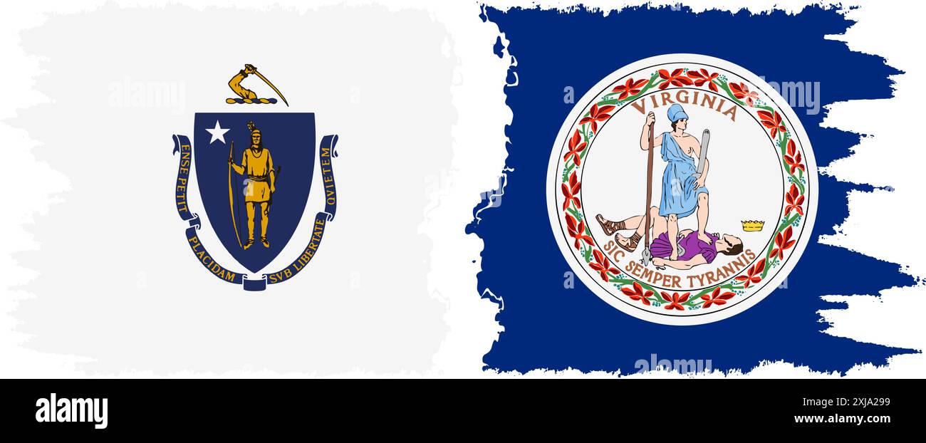 Virginia und Massachusetts state Grunge Pinsel Flags Verbindung, Vektor Stock Vektor