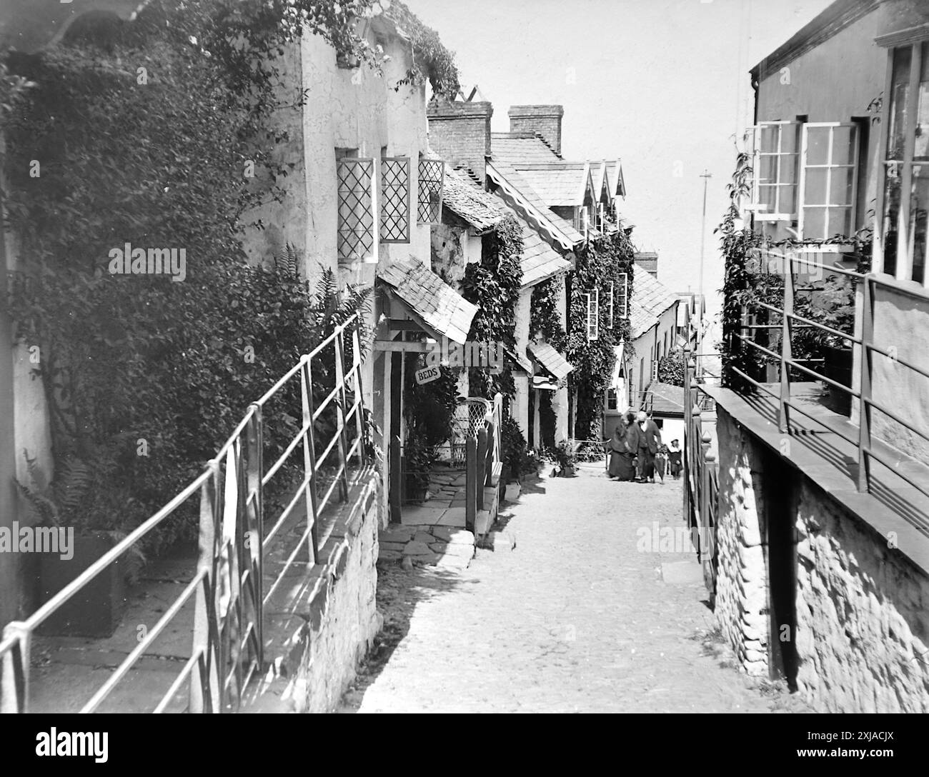 Ein Gästehaus, High Street (den Hügel hinunter), Clovelly, Devon. Dieses Foto stammt von einem edwardianischen Original, um 1910. Das Original war Teil eines Albums von 150 Albumenfotos von unterschiedlicher Qualität, von denen ich viele fotografiert habe. Die Sammlung enthielt Bilder vor allem von der Isle of man und der englischen Grafschaft Devonshire. Anmerkungen waren im Album enthalten, aber leider gab es keine genauen Daten. Die Originalfotos waren durchschnittlich 6 x 4 ½ Zoll. Stockfoto