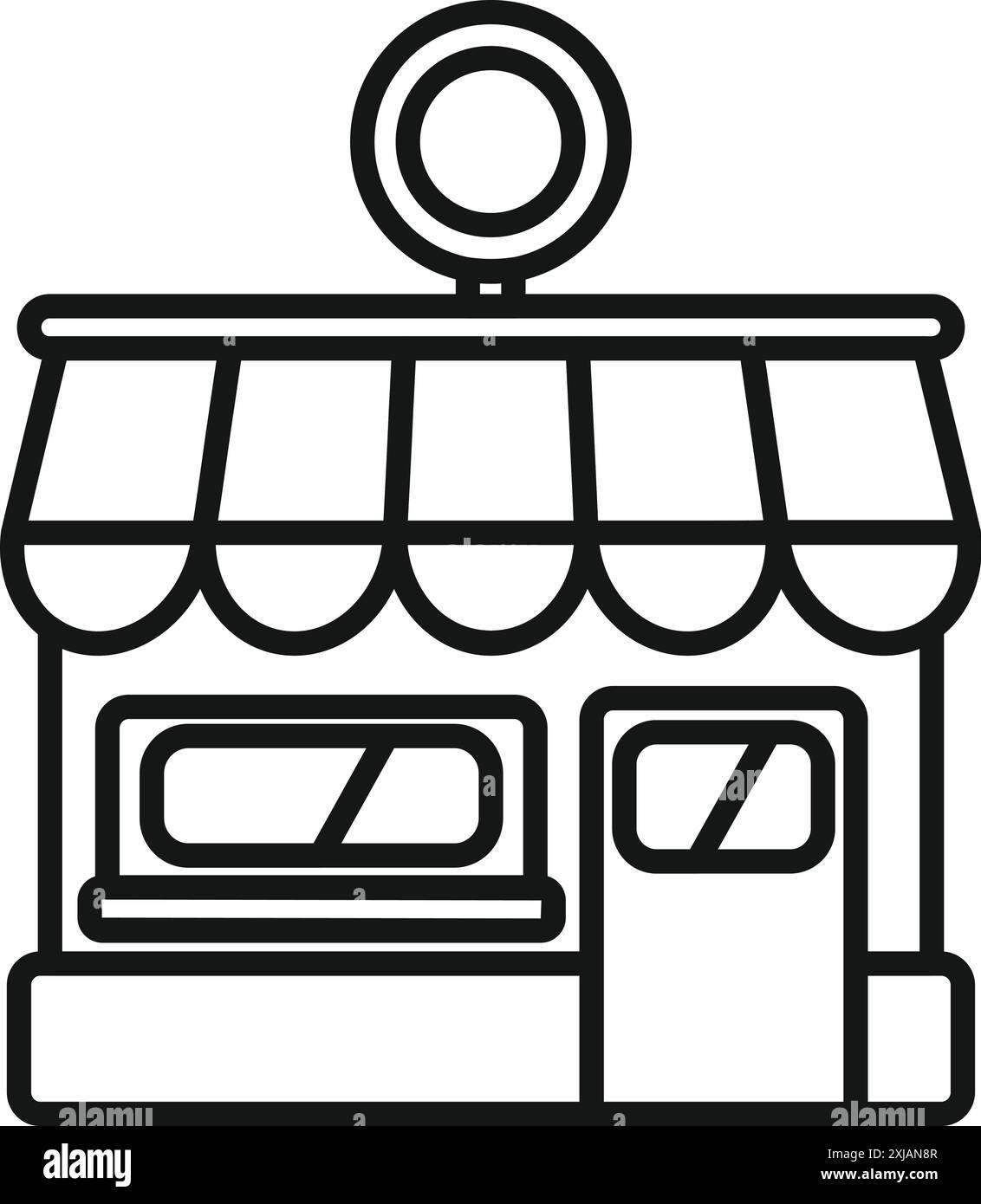 Einfache Linienzeichnung eines kleinen Imbissstandes mit gestreiftem Markise, die das Konzept von Street Food und Take-out-Dining repräsentiert Stock Vektor