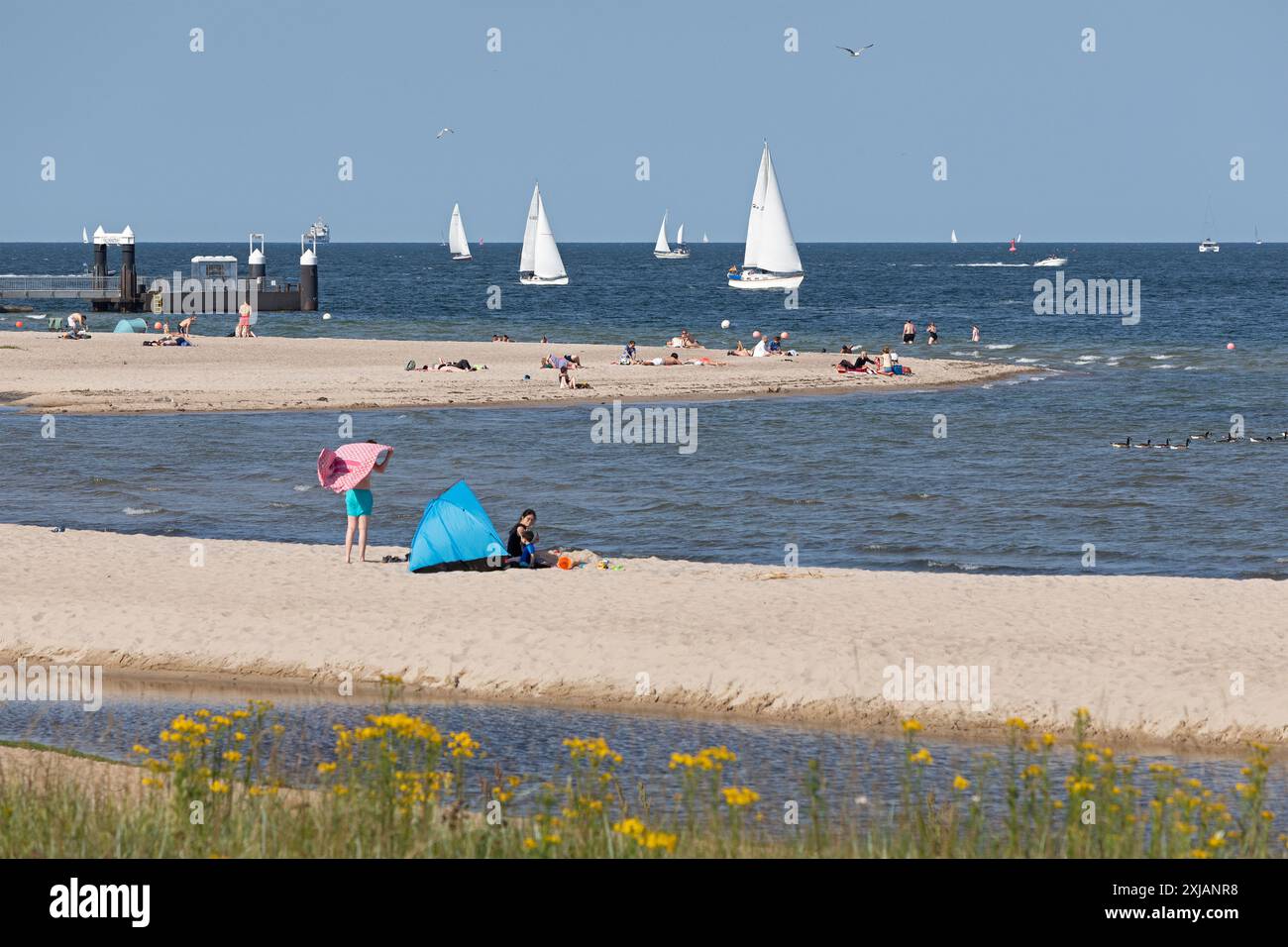 Segelboote, Menschen, Fährbrücke Falckenstein, Kieler Woche, Falckenstein Strand, Kieler Fjord, Kiel, Schleswig-Holstein, Deutschland Stockfoto