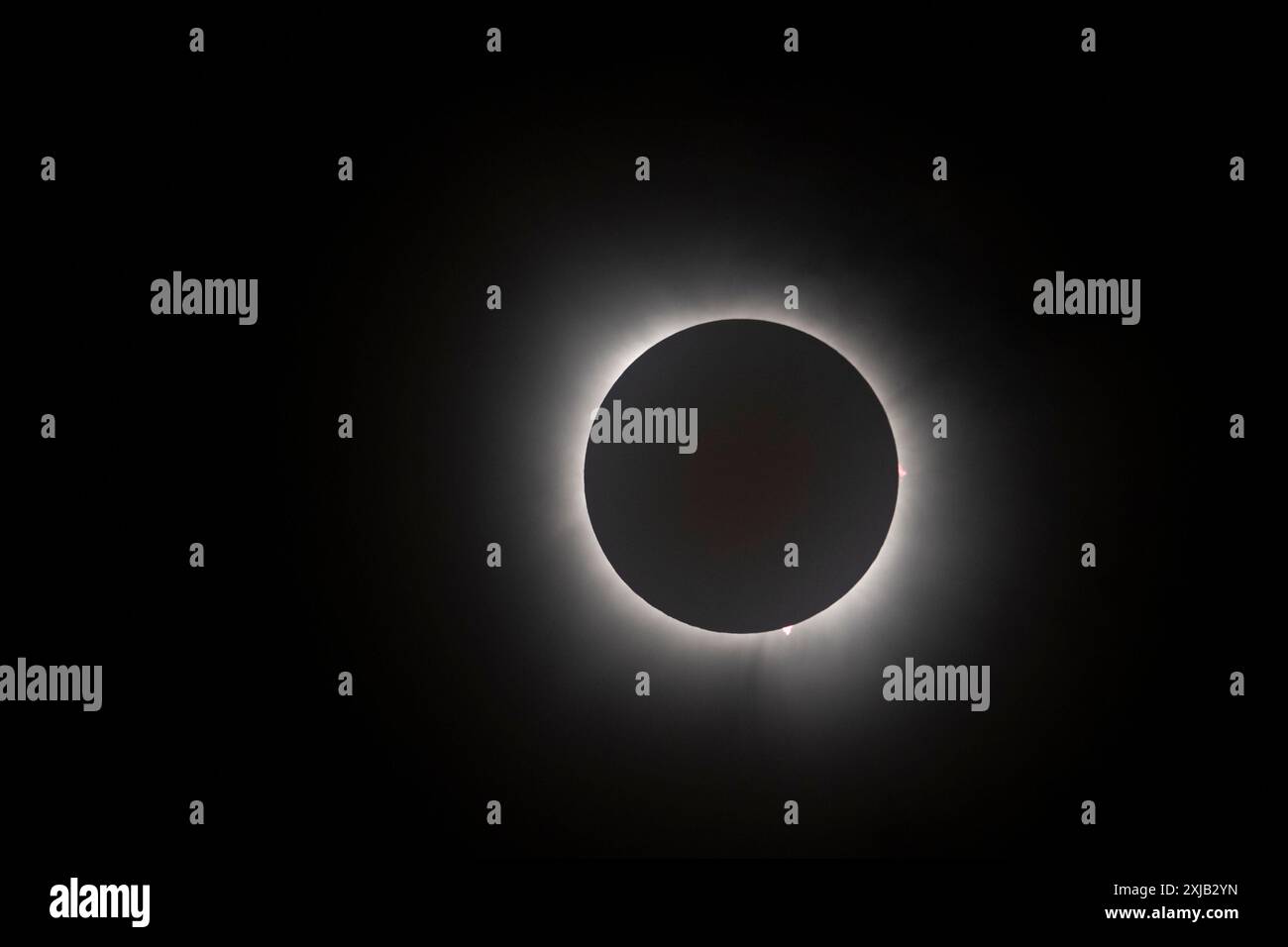 Eine totale Sonnenfinsternis über dem Lake Buchanan im Burnet County, Texas, USA am 8. April 2024. Fotografiert mit 400-mm- und 600-mm-Nikkor-Objektiven. Die Zeit der Totalität dauerte über vier Minuten. Bailys Perlen sind um drei und sechs Uhr sichtbar. ©Bob Daemmrich Stockfoto