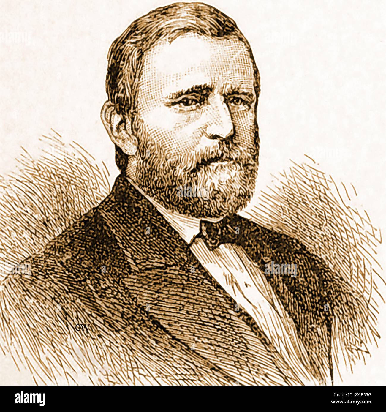Ein frühes englisches Porträt des amerikanischen Präsidenten Ulysses S. Grant (* 1822–1885 in Hiram Ulysses Grant). Er war auch ein amerikanischer Militäroffizier und Politiker, der als 18. Präsident der Vereinigten Staaten diente Stockfoto