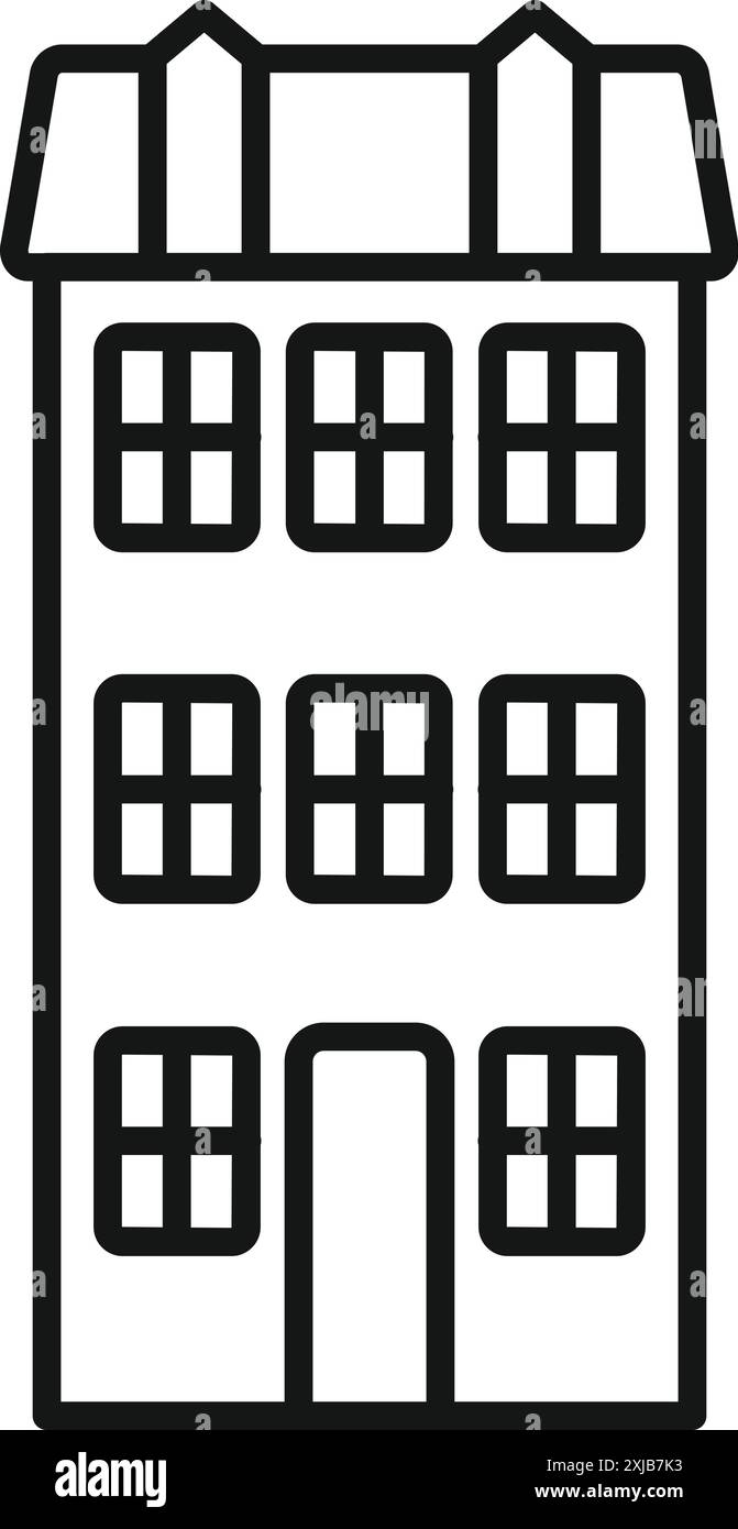 Einfache Strichkunst-Ikone eines dreistöckigen Gebäudes mit einer Tür Stock Vektor