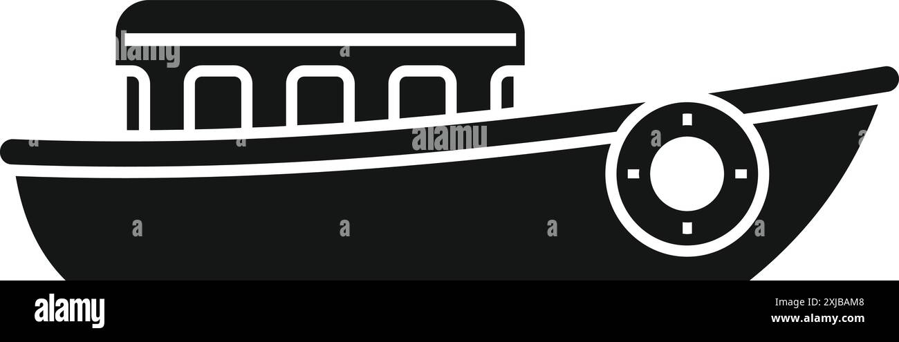 Einfaches Flussboot-Symbol im Glyphen-Stil, ein kleines Schiff für den Transport von Passagieren auf Binnenwasserstraßen Stock Vektor