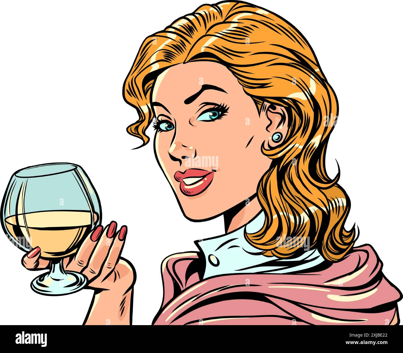 Ein schönes Mädchen hält ein Glas Getränk. Saisonale Angebote von alkoholischen Getränken. Werbung für das Unternehmen. Pop Art Retro Vektor Illustration Stock Vektor