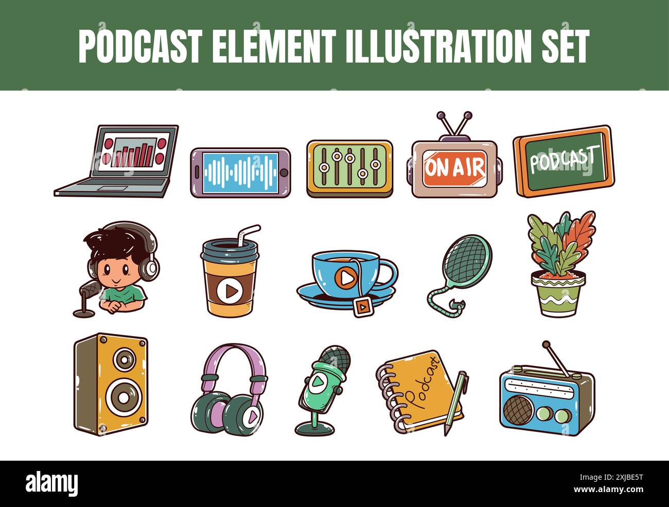 Podcast-Elementvektorkontur Illustrationssatz Stock Vektor