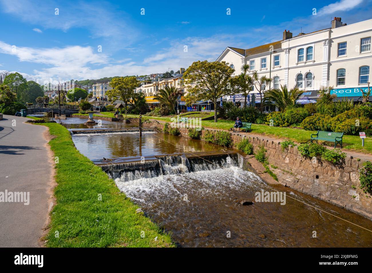 Blick über Dawlish Water (auch Brook genannt) zu den Parks in Dawlish Devon an einem sonnigen Frühlingnachmittag Stockfoto