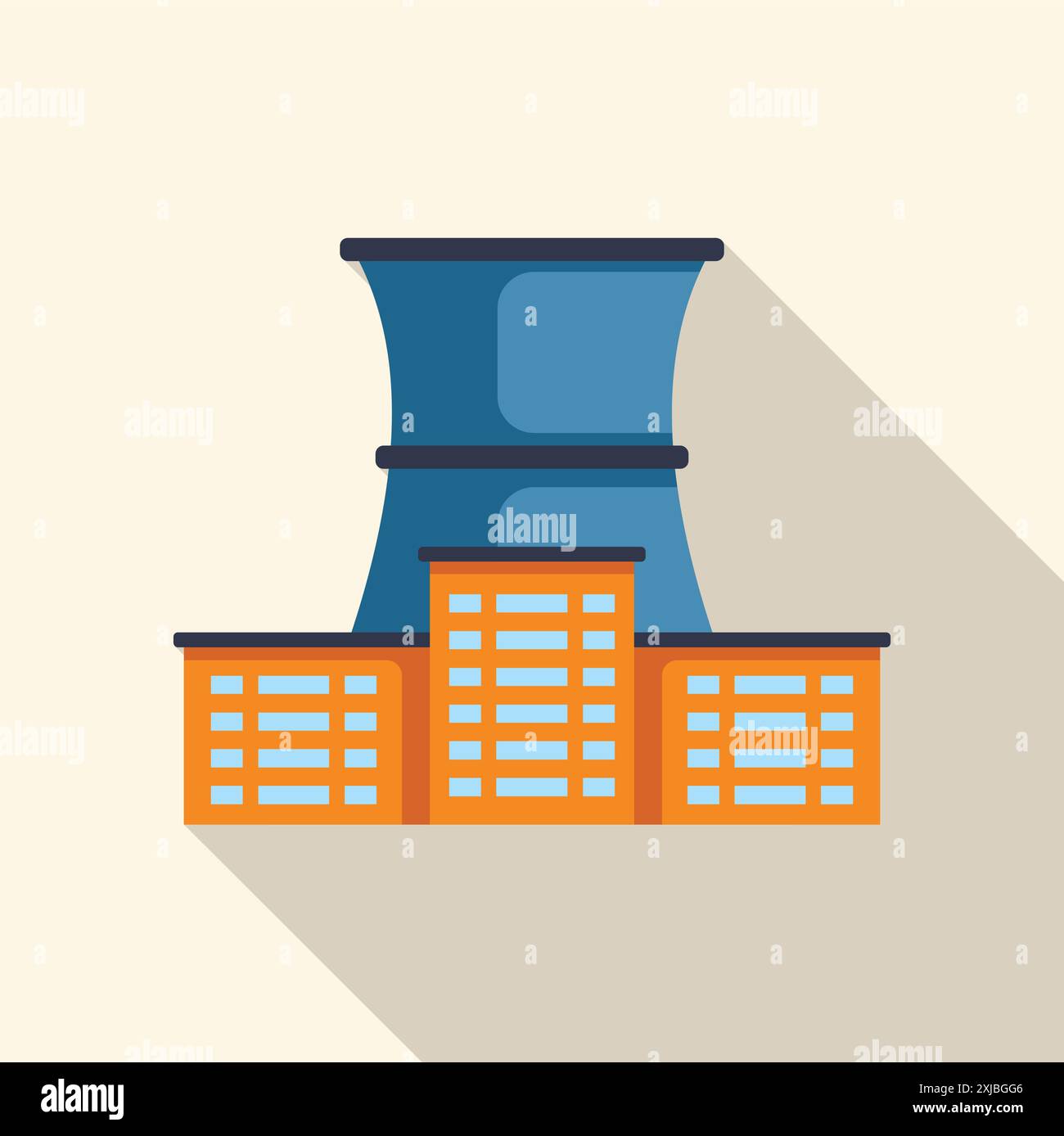 Flache Darstellung eines Kühlturms eines Kernkraftwerks, der die nahe gelegene Stadt mit Strom versorgt Stock Vektor