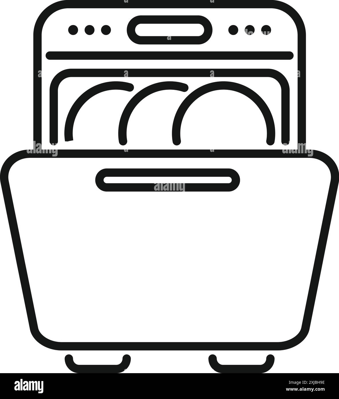 Der offene Geschirrspüler mit sauberen Tellern im Inneren kann geleert werden Stock Vektor