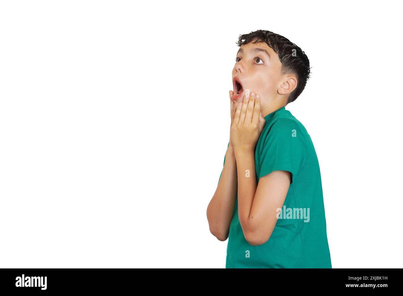 Kind mit einer Geste großer Überraschung und Emotionen, isoliert mit weißem Hintergrund Stockfoto