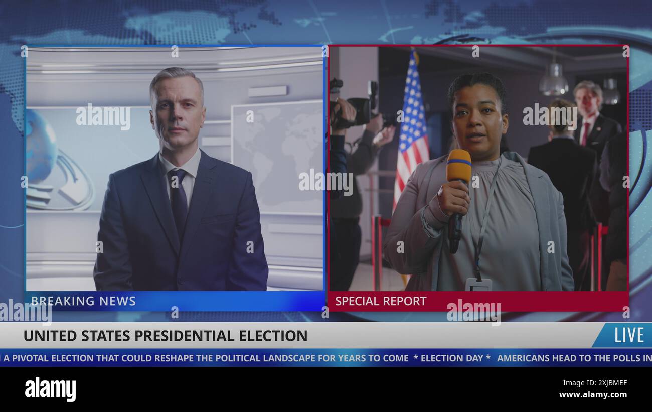 Der männliche Anker im Nachrichtenraum hört Live-Berichte von afroamerikanischen Reporterinnen am Präsidentschaftswahltag in den Vereinigten Staaten. Wiedergabe von Fernsehsendungen mit Lauflinie für politische Programme. Stockfoto