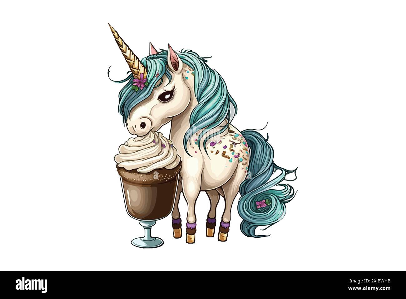 Einhorn Trinkt Kaffee Vektor-Illustration Stock Vektor