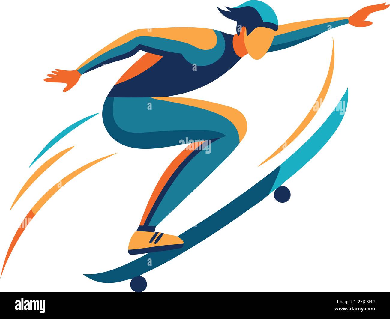 Dynamische Illustration, in der ein Skateboarder Tricks in lebendigen und farbenfrohen Tönen zeigt, die Energie und Bewegung vermitteln. Stock Vektor