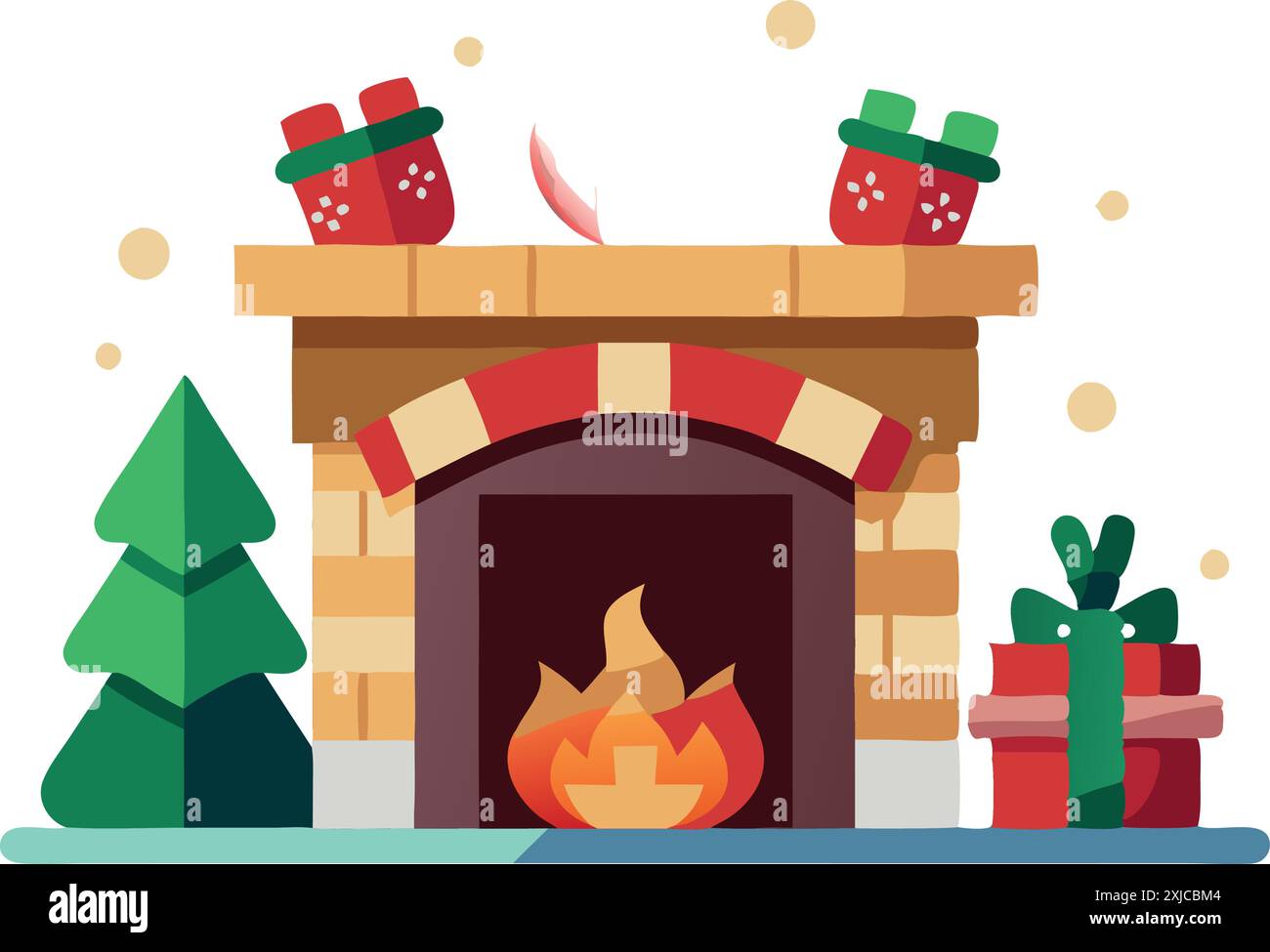Illustration eines festlichen Weihnachtskamins umgeben von Strümpfen, Geschenken und einem geschmückten Baum, der Wärme und Feiertagsstimmung weckt. Stock Vektor