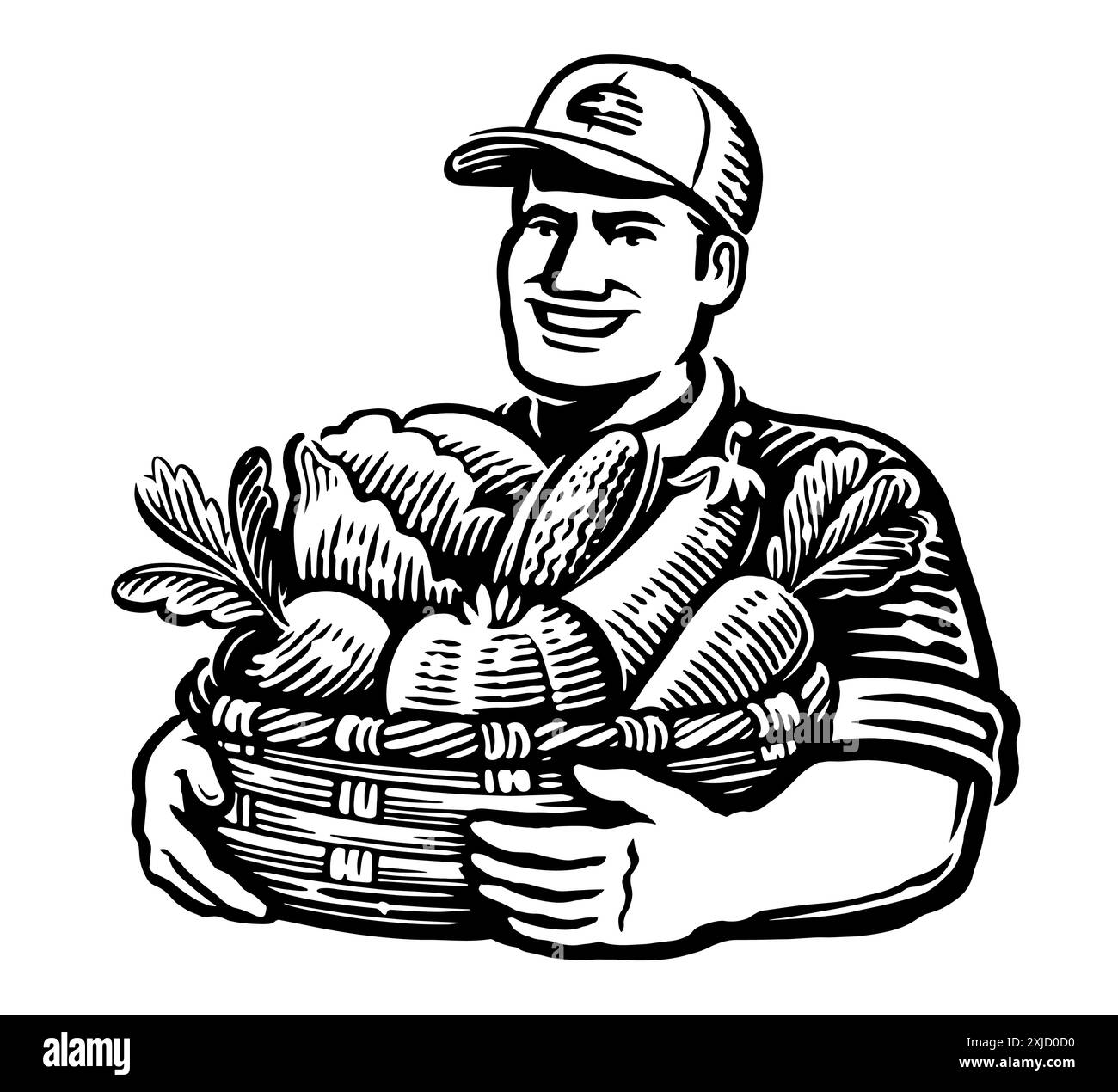 Bauernmann, der einen Korb voller frisches, reifes Gemüse hält. Emblem für Bio-Lebensmittel auf dem Bauernhof. Zeichnung von Skizzenvektorgrafik Stock Vektor